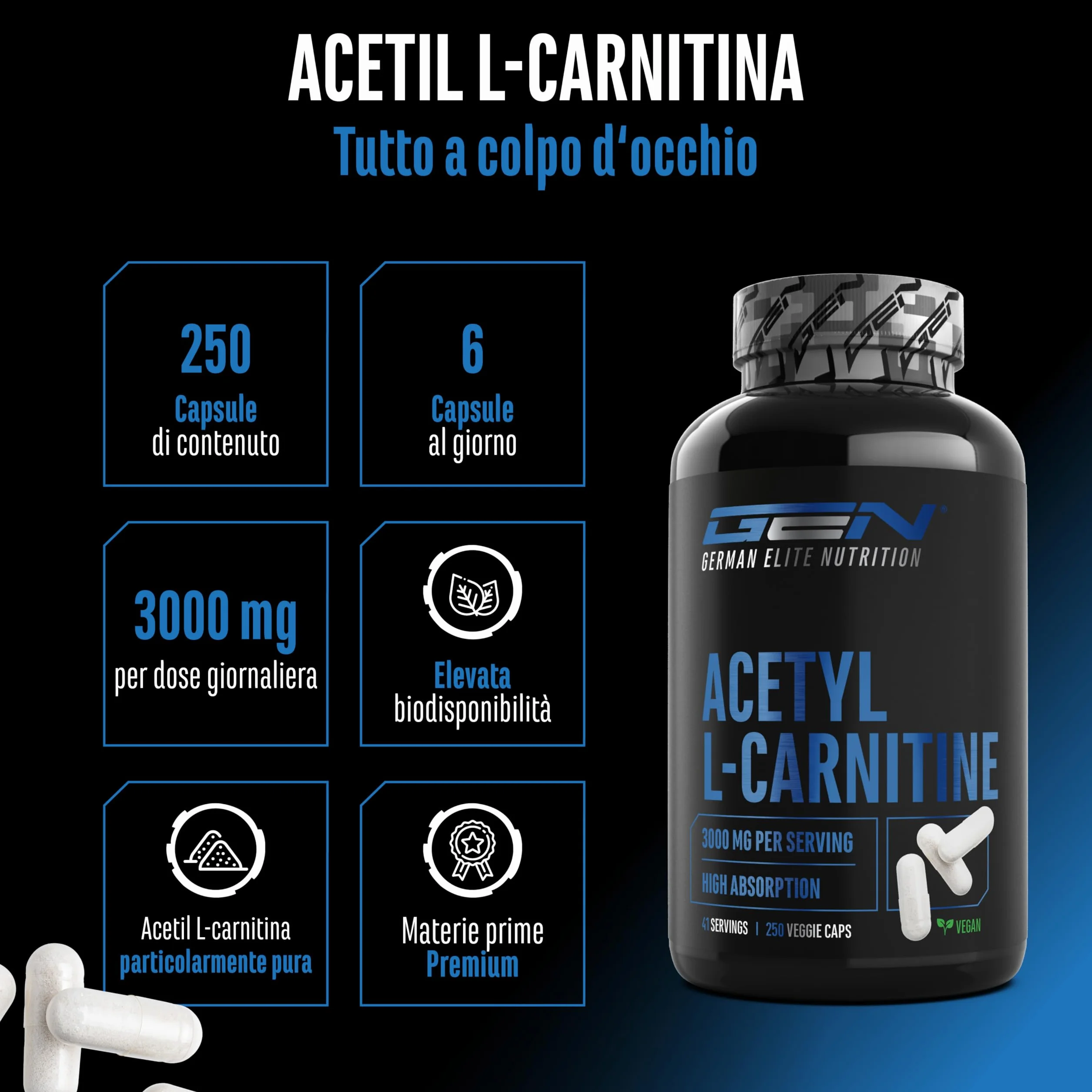 Acetyl-L-carnitina 250 capsule vegane 3000 mg per porzione giornaliera forma acetilata di L-carnitina ad alto dosaggio