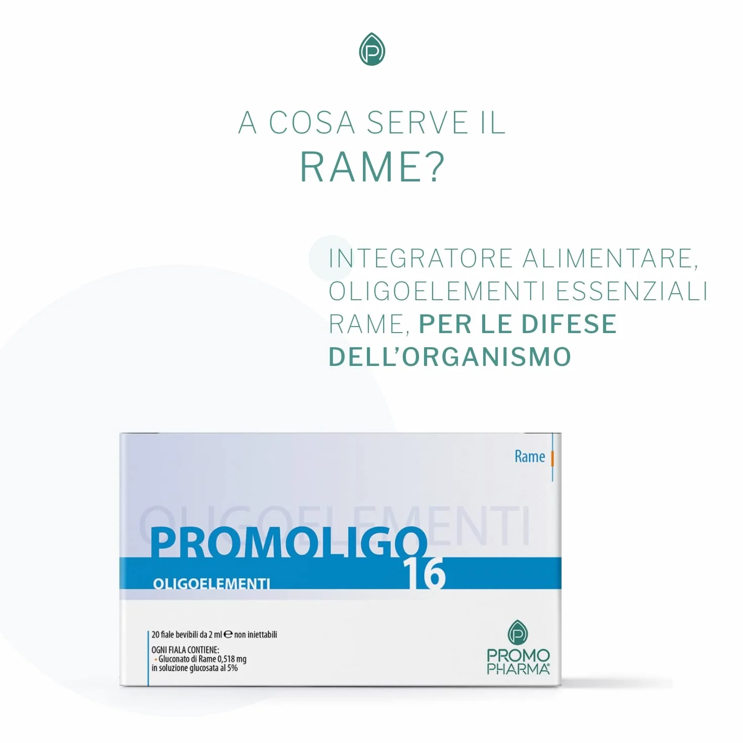 Promoligo 16 - Rame - Integratore Alimentare, Oligoelementi Essenziali - Rame, per le difese dell'organismo - senza glutine - 20 fiale da 2 ml