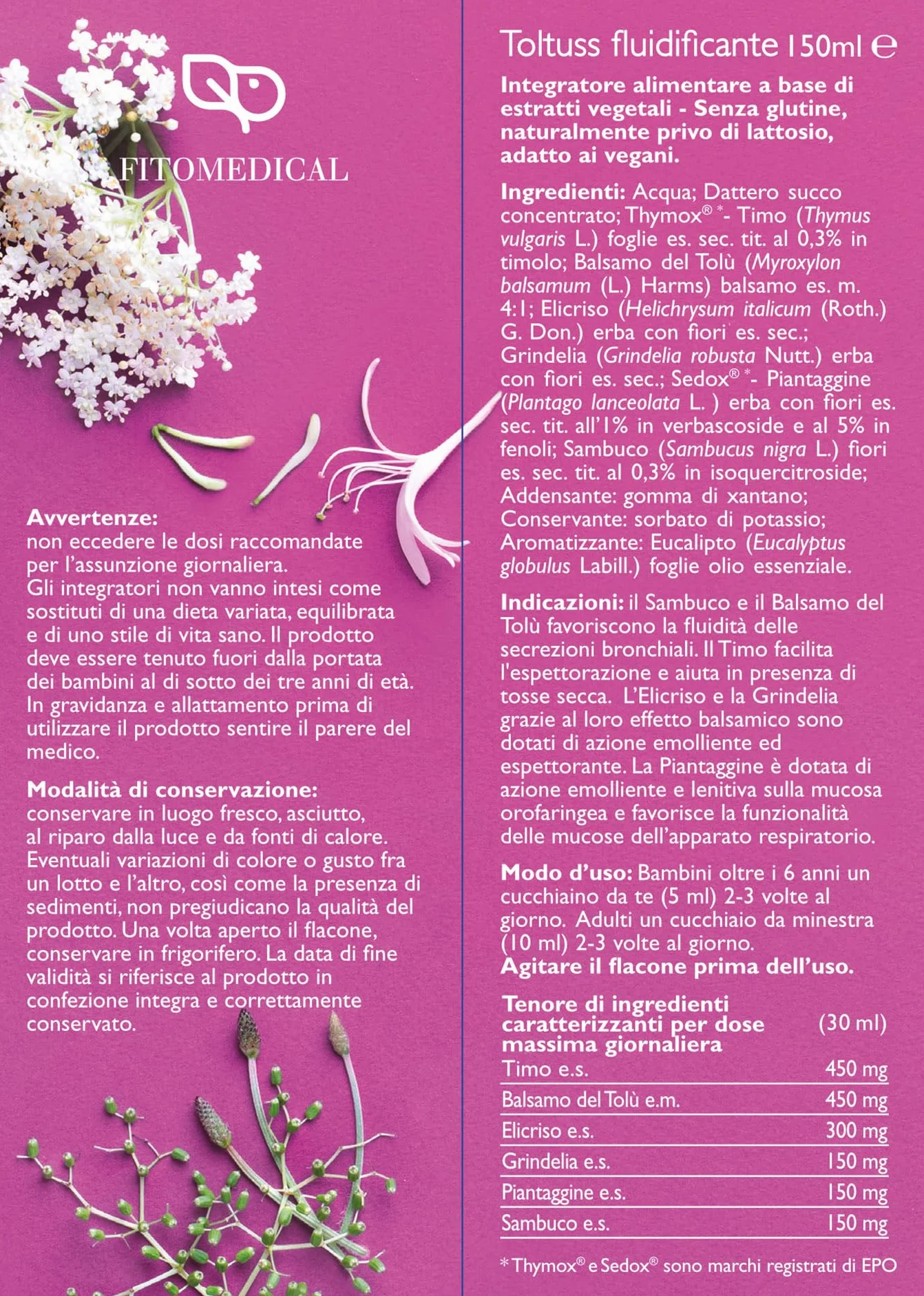 Fitomedical Toltuss Fluidificante Integratore Alimentare Naturale Balsamo del Tolù Sambuco 150 ml