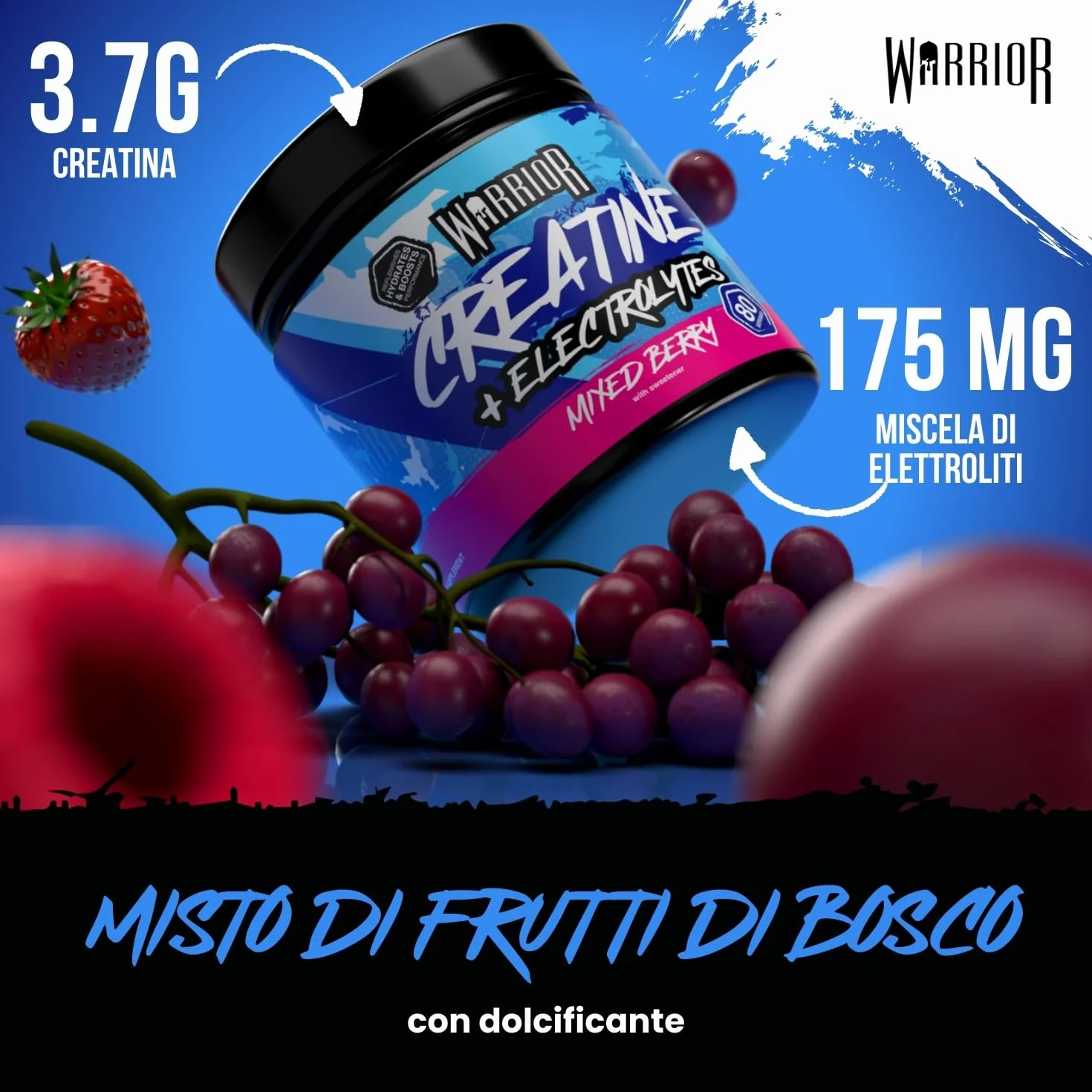 Warrior Creatina Monoidrata + Elettroliti Polvere 360 g, 80 Porzioni – Creatina in Polvere con Sali Minerali, Intra Workout per Massa, Idratazione e Sport, Senza Zucchero – Mix di Frutti di Bosco