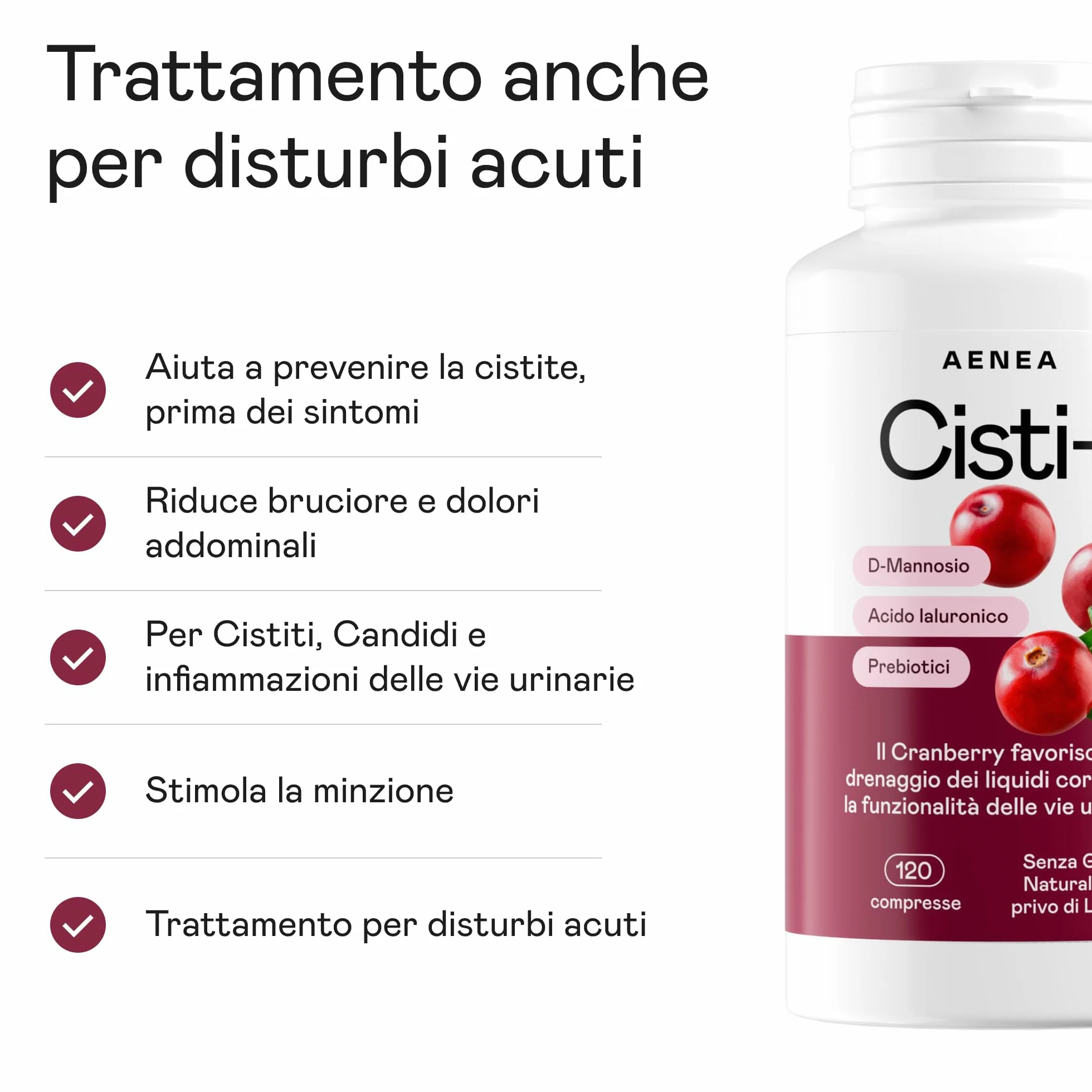Cisti+ Integratore Cistite Donna 120cpr con D Mannosio Puro 2000mg, Mirtillo Rosso, Cranberry, Acido Ialuronico, Prebiotici per Benessere Vie Urinarie, Drenaggio Liquidi, Integratori Vie Urinarie