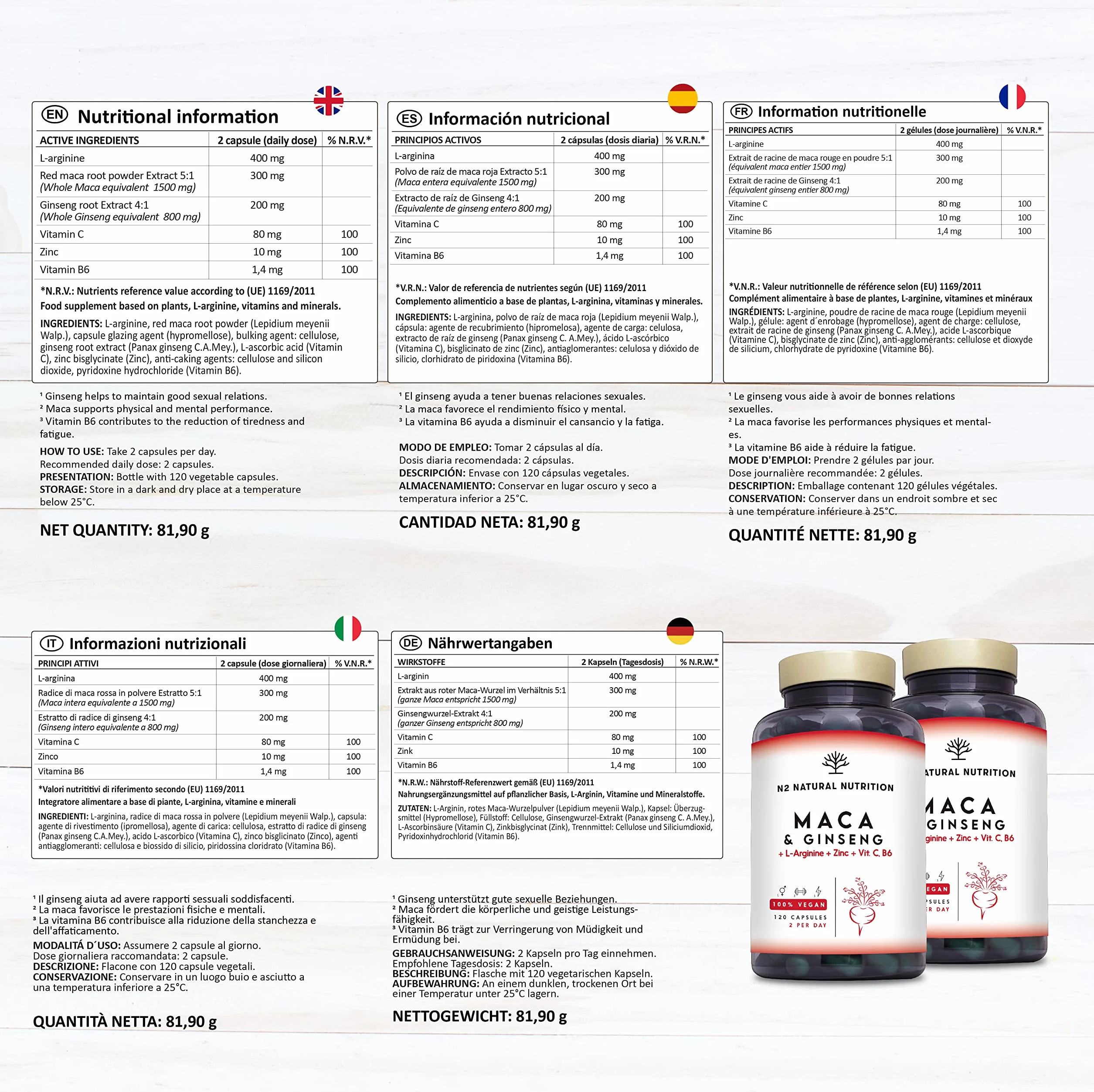 Maca Peruviana + Ginseng + L Arginina. Tripla Energia. Zinco + Vitamine C e B. Prestazioni sportive. Riduce Stanchezza e Fatica. Antiossidante. 120 Capsule. CE, Vegano, N2 Natural Nutrition