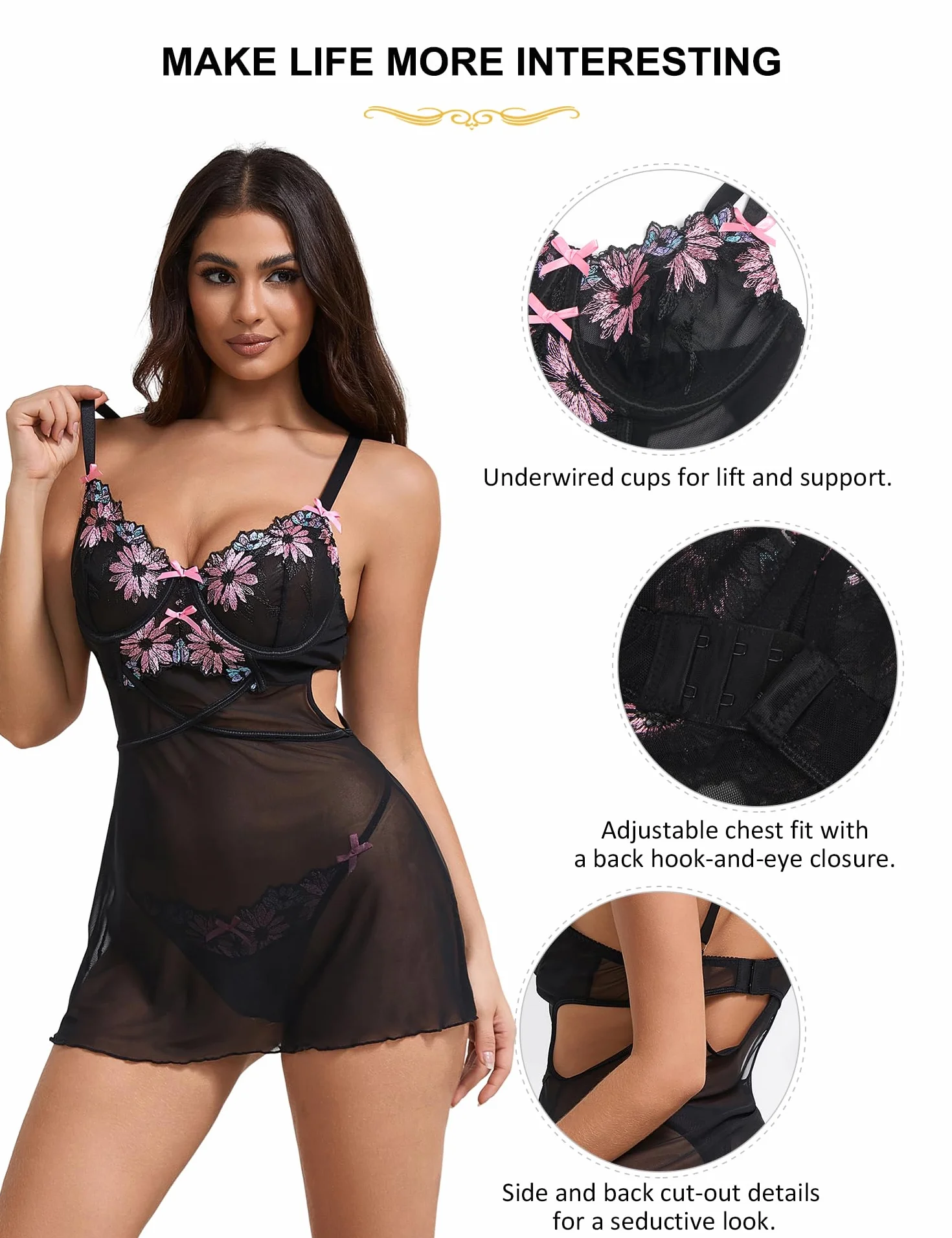 Ohmydear Babydoll Donna Pizzo con Ricamo Completo Intimo Reggiseno Push Up G-String Camicia da Notte Spalline Regolabile Lingerie