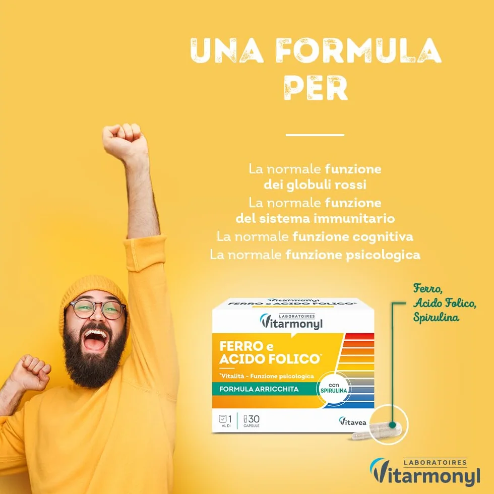 Ferro Acido Folico - Integratore Alimentare a base di Ferro e Acido Folico, con Spirulina - Per il Sistema Immunitario - Multivitaminico - Confezione da 30 capsule - Vitarmonyl