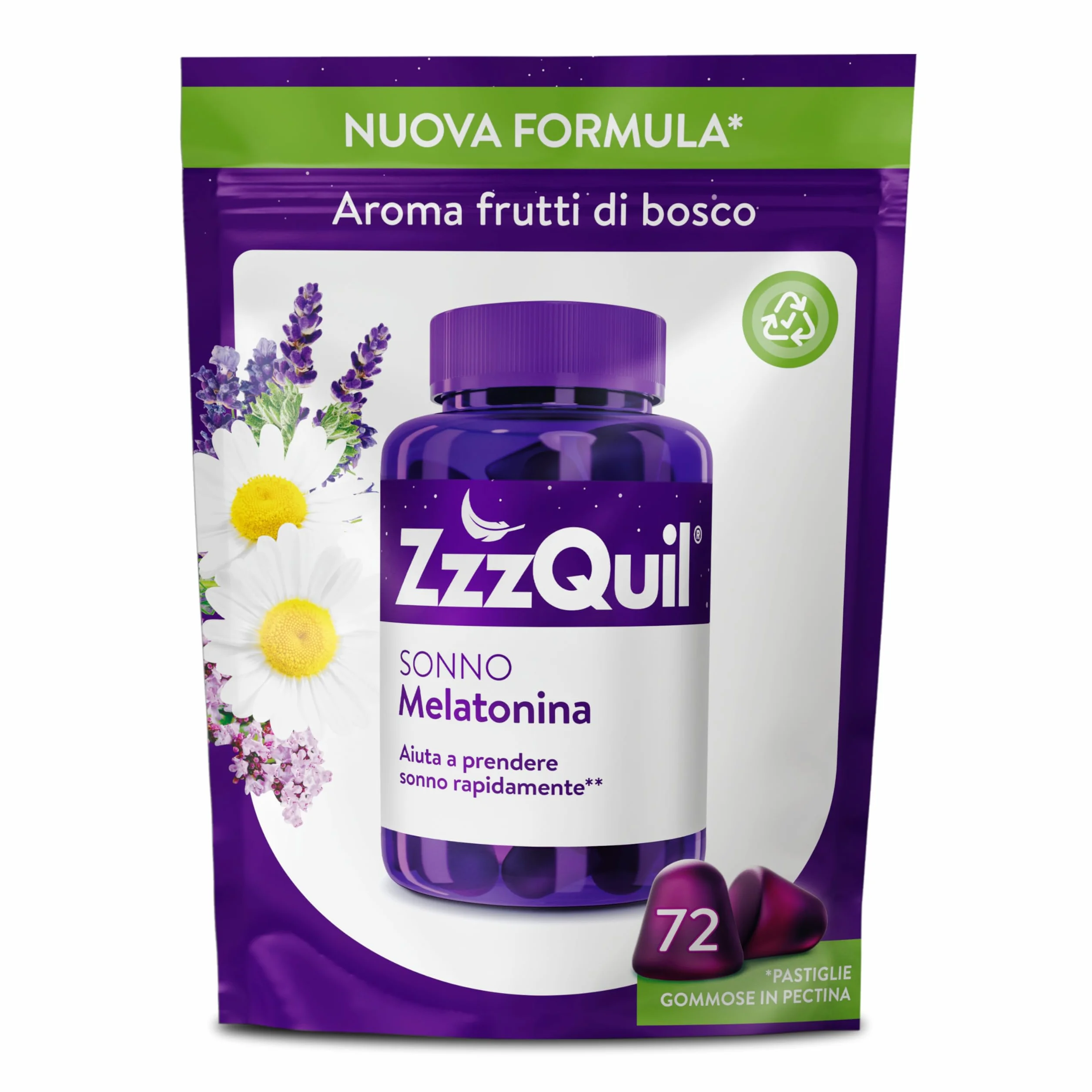 ZzzQuil Sonno, Melatonina pura per Dormire, Integratore con Valeriana, Camomilla e Vitamina B6, Vegano, 72 Gommosi