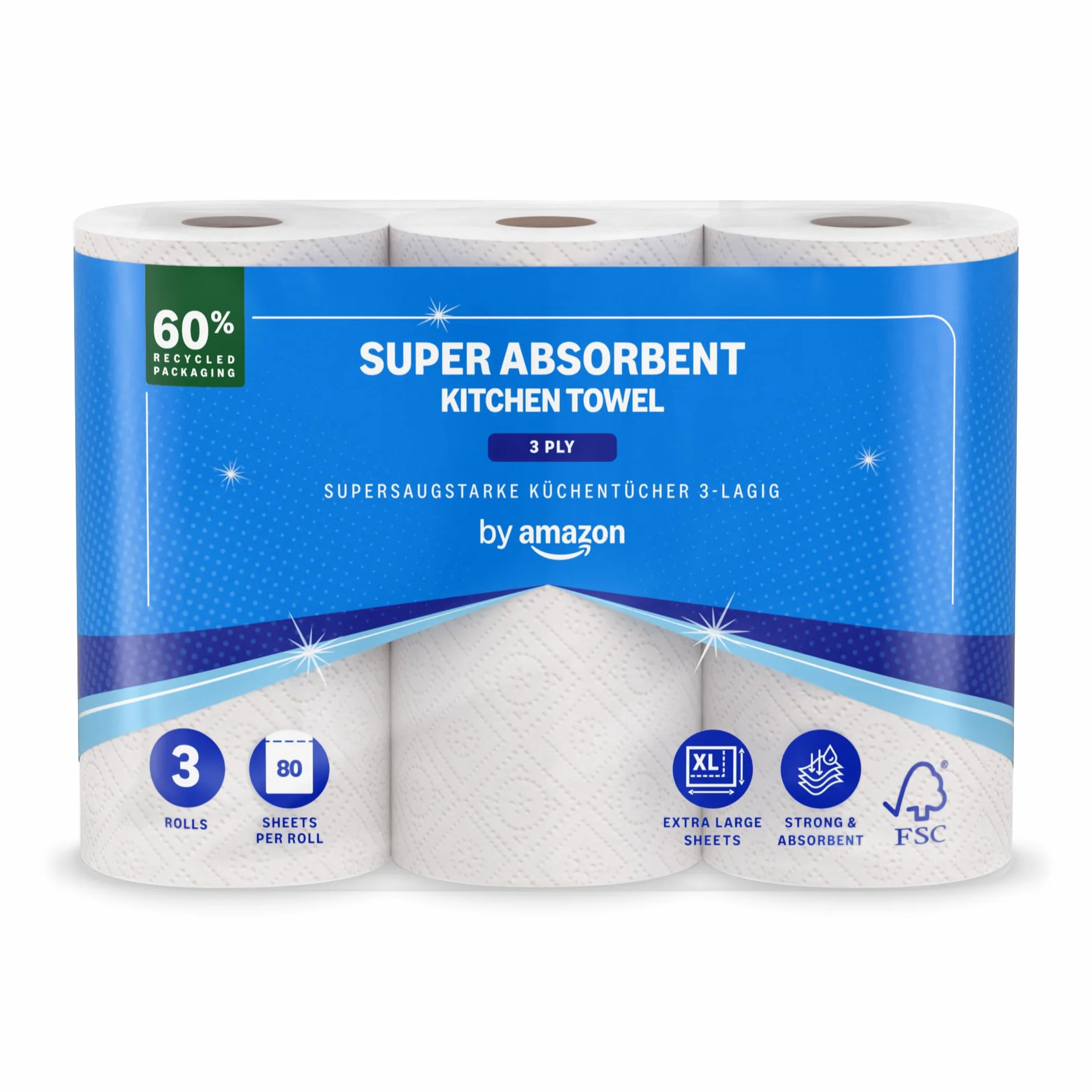 Amazon Carta da Cucina Super Assorbente 3 Veli 3 Rotoli 80 Fogli Certificata FSC
