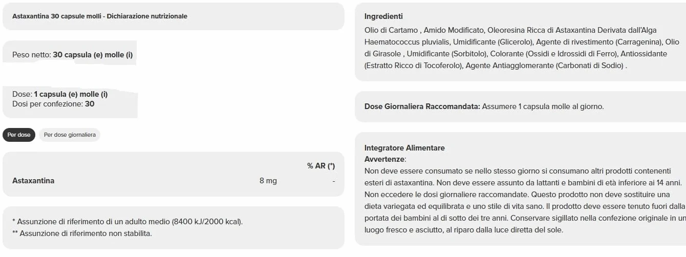 Astaxantina Prozìs 30 softgels potente antiossidante naturale 600 volte piu potente di Vitamina C