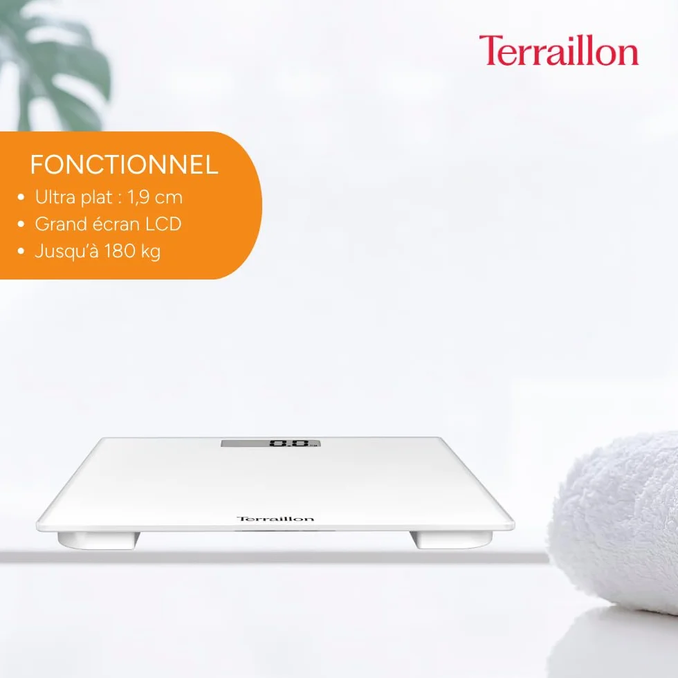 TERRAILLON - Bilancia Pesapersone Digitale TSQUARE BIANCO- Compatto e ultra piatto 26 cm x 26 cm - Vassoio vetro-ampio schermo LCD-capacità 180 kg - Graduazione 100 g - Bianco