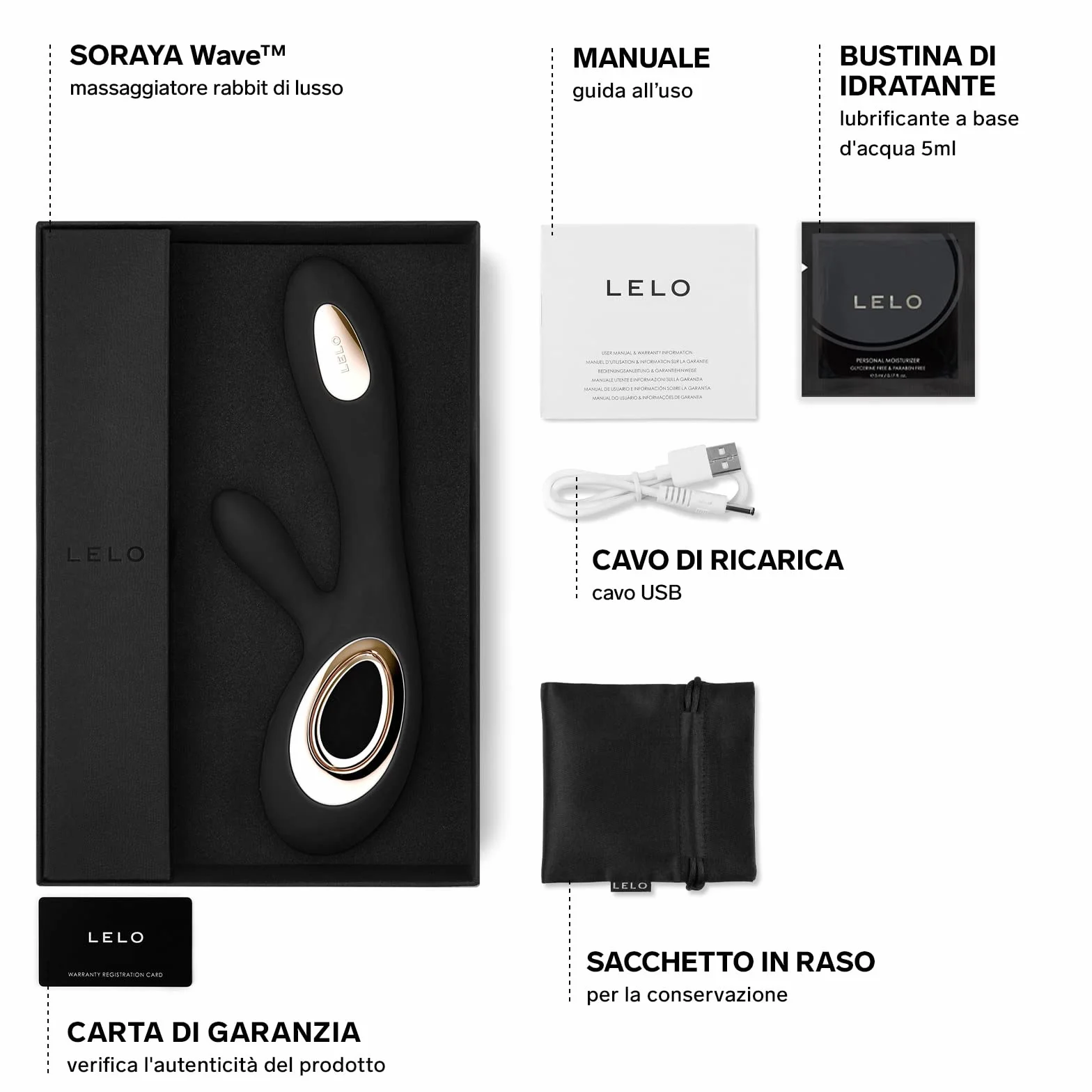 LELO SORAYA Wave Vibratore Rabbit Lussuoso con Tecnologia Wavemotion, Sex Toy per Stimolazione Interna ed Esterna, Vibratori Clidoride Donna, Vibratoreper Donna, Nero