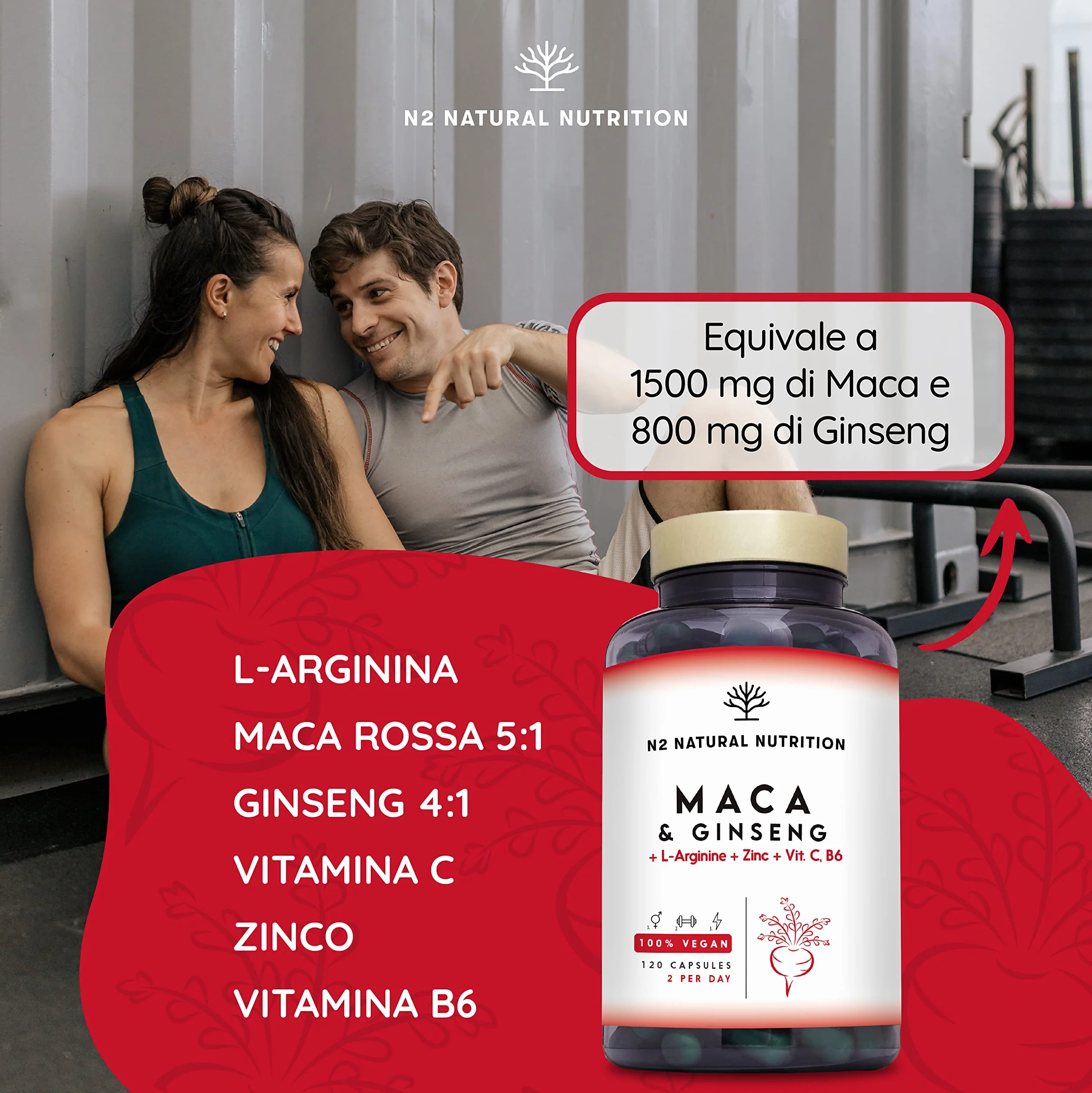 Maca Peruviana + Ginseng + L Arginina. Tripla Energia. Zinco + Vitamine C e B. Prestazioni sportive. Riduce Stanchezza e Fatica. Antiossidante. 120 Capsule. CE, Vegano, N2 Natural Nutrition