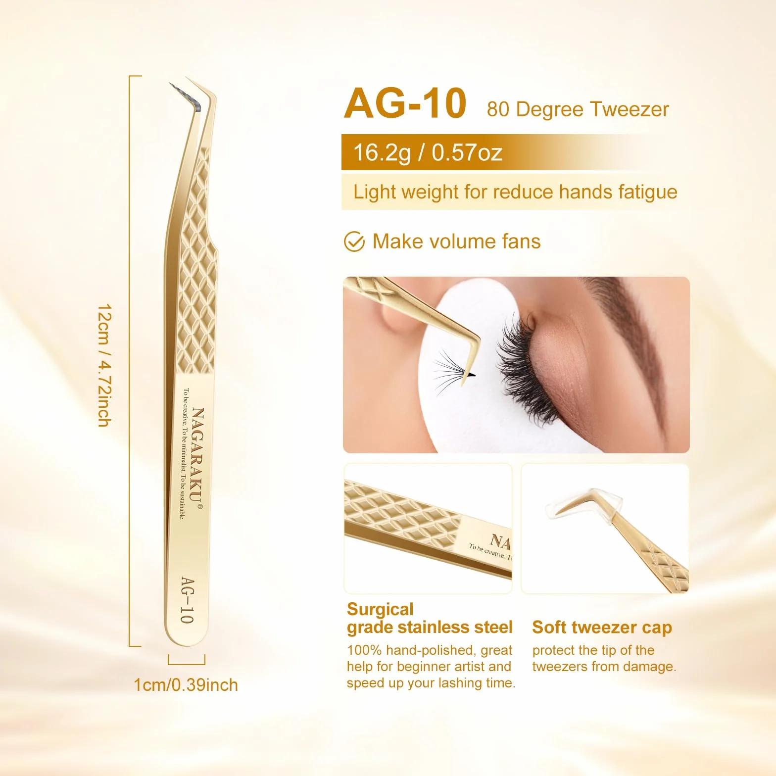 NAGARAKU Pinzette Fibra Ciglia Volume Innesto Pinzetta Oro Punta 0,8cm Fibra Di Precisione Punta Professionali Antistatiche Antiscivolo Inossidabile Tweezer Per Mega Lash Volume Fans (80 Gradi AG-10)