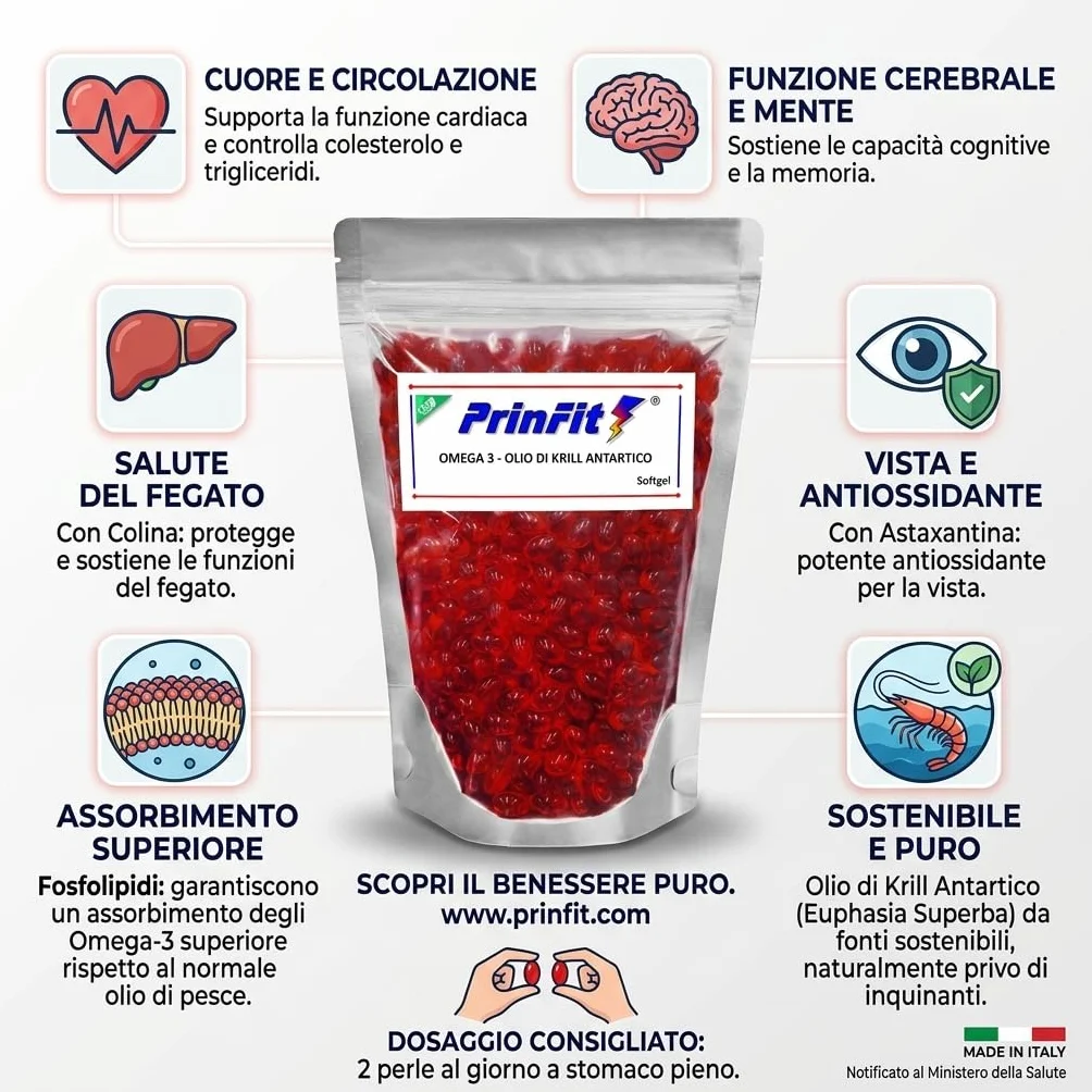 Olio di Krill Omega 3 Puro PrinFit - Ricco di EPA e DHA, Fosfolipidi Marini, Astaxantina - 100 Capsule molli
