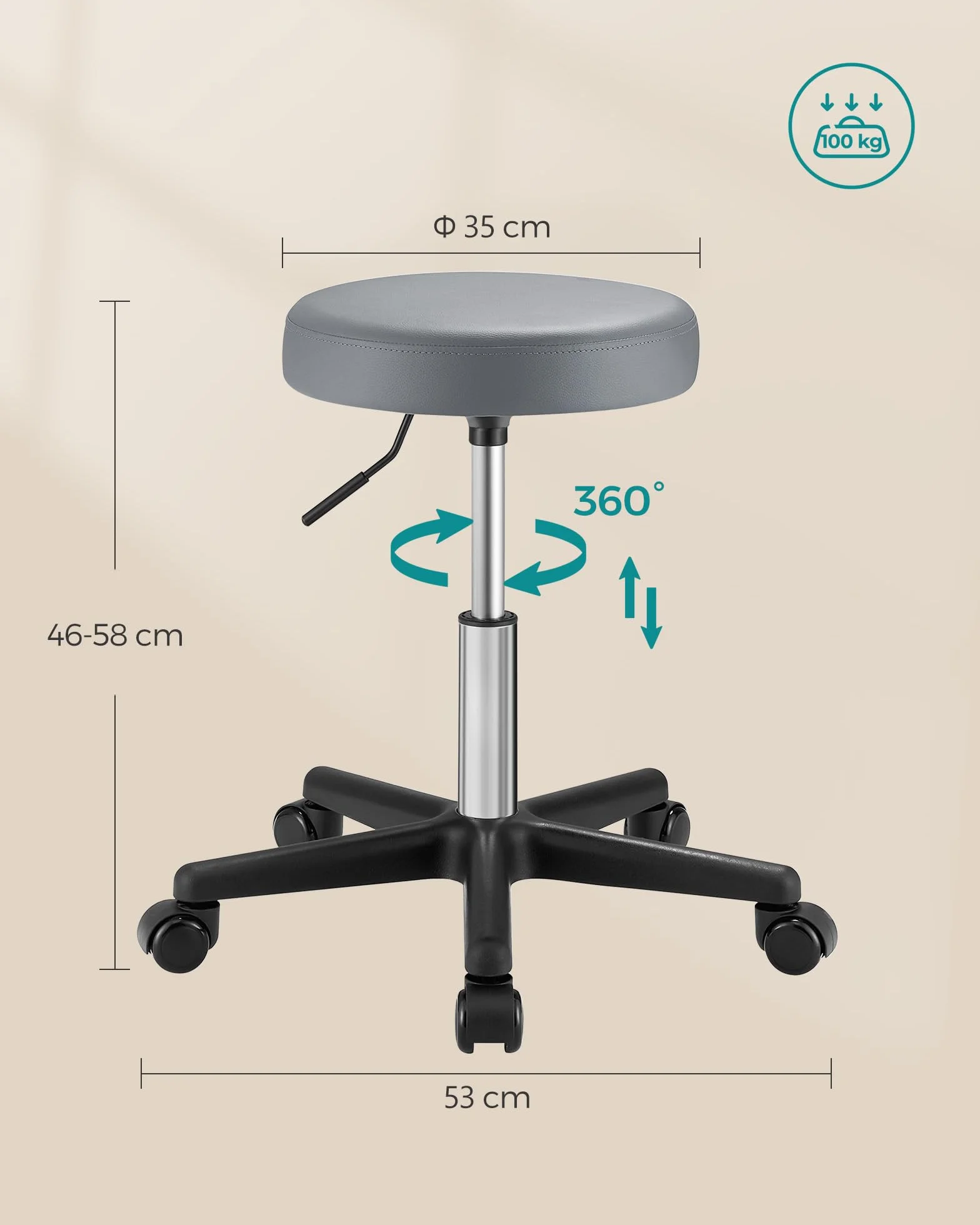 SONGMICS Sgabello Girevole con Ruote Altezza Regolabile 46-58 cm PU Grigio Tortora