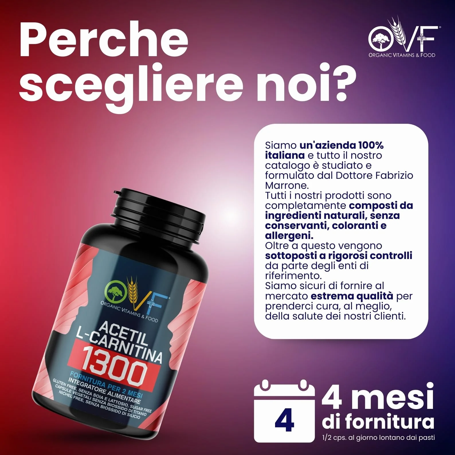Acetil L-CARNITINA 1300mg 120cps - La Carnitina Energia Metabolismo dei Grassi - Made in Italy