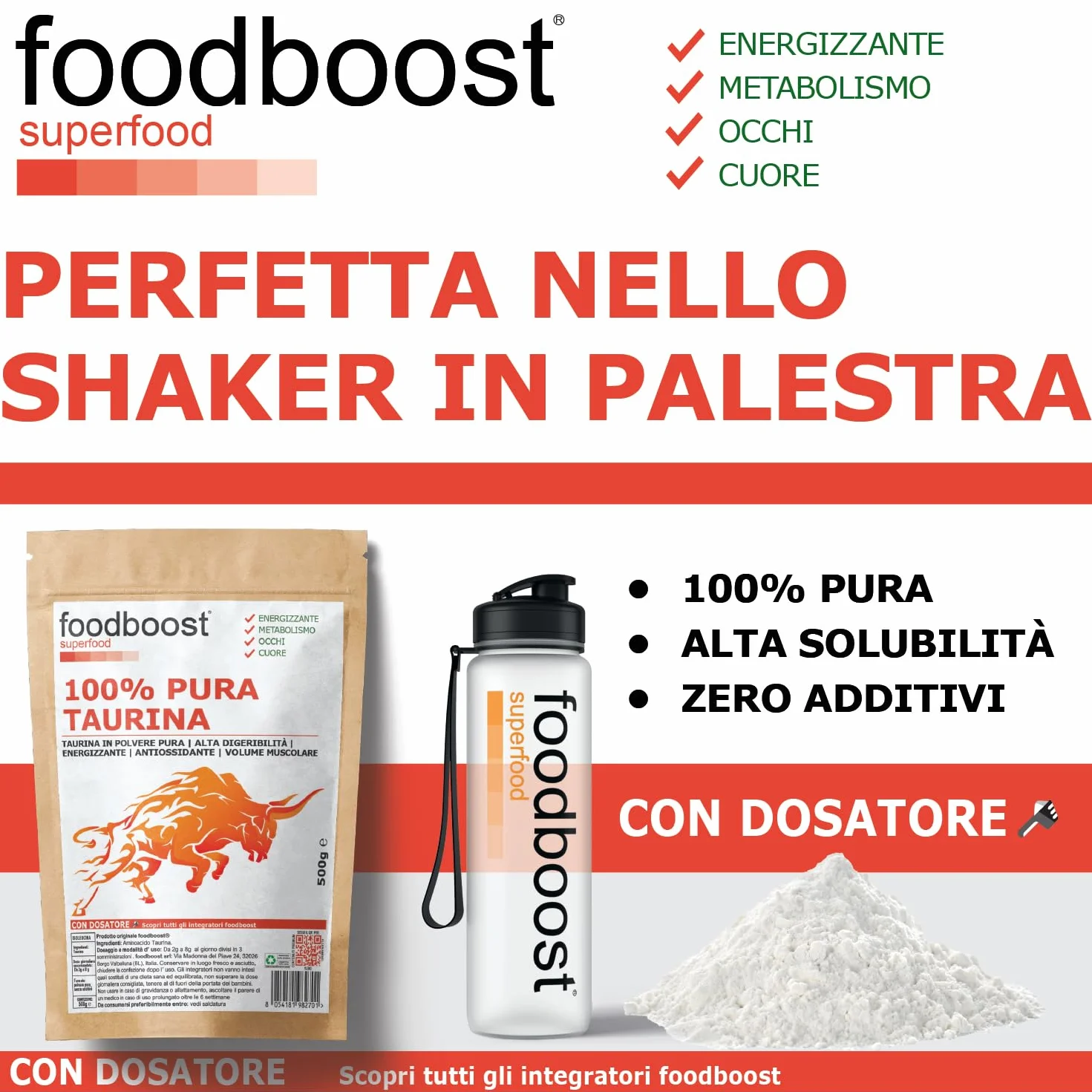 Taurina pura in polvere 500 g foodboost - Ø additivi, dosatore - ipertrofia muscolare - libido - vista, marchio di fiducia italiano, integratore taurina pre workout/post workout - 500 DOSI
