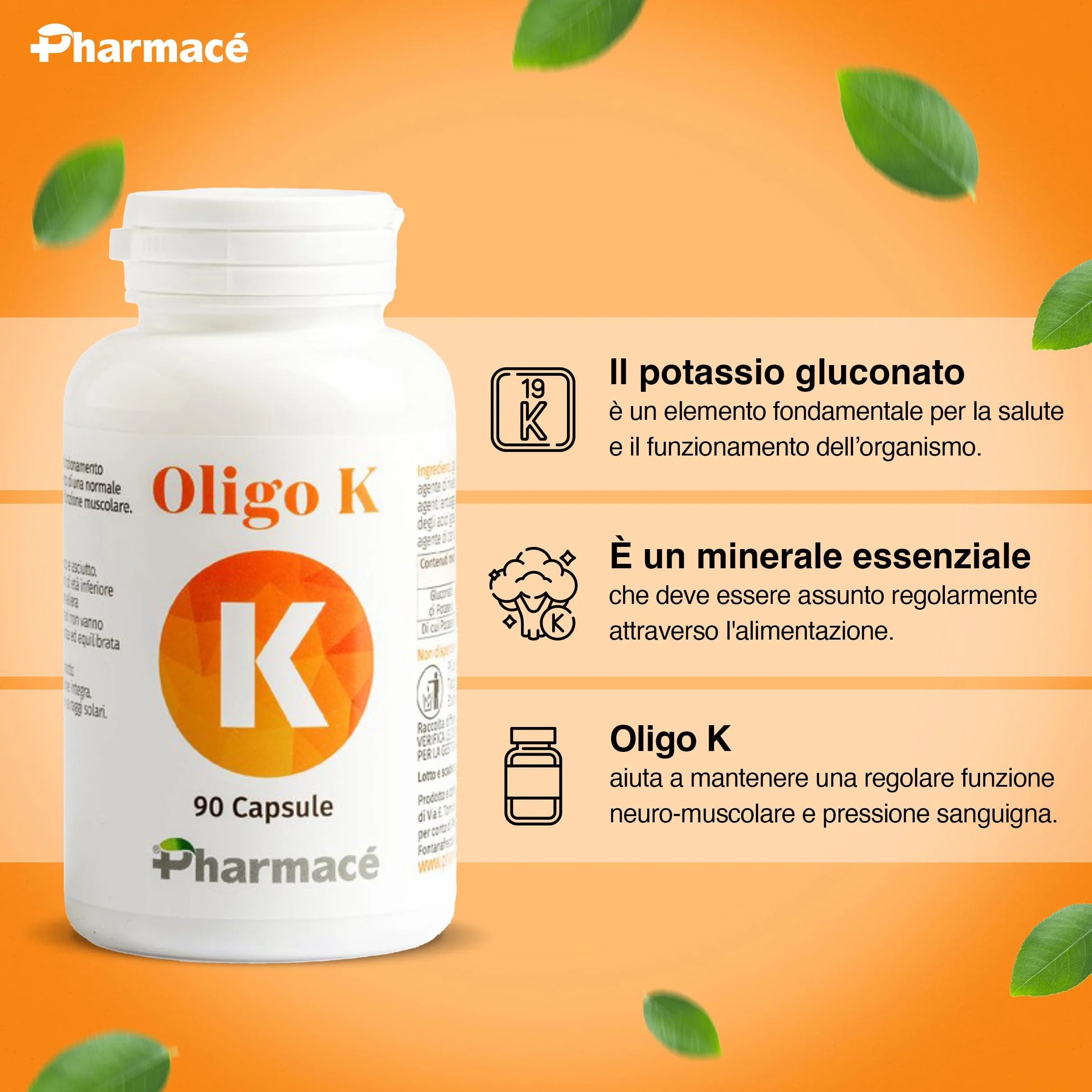 Pharmace' Oligo K - Potassio Gluconato ad Alta Biodisponibilita - 322mg per Compressa - 90 Compresse Senza Glutine e Lattosio - Prodotto in Italia