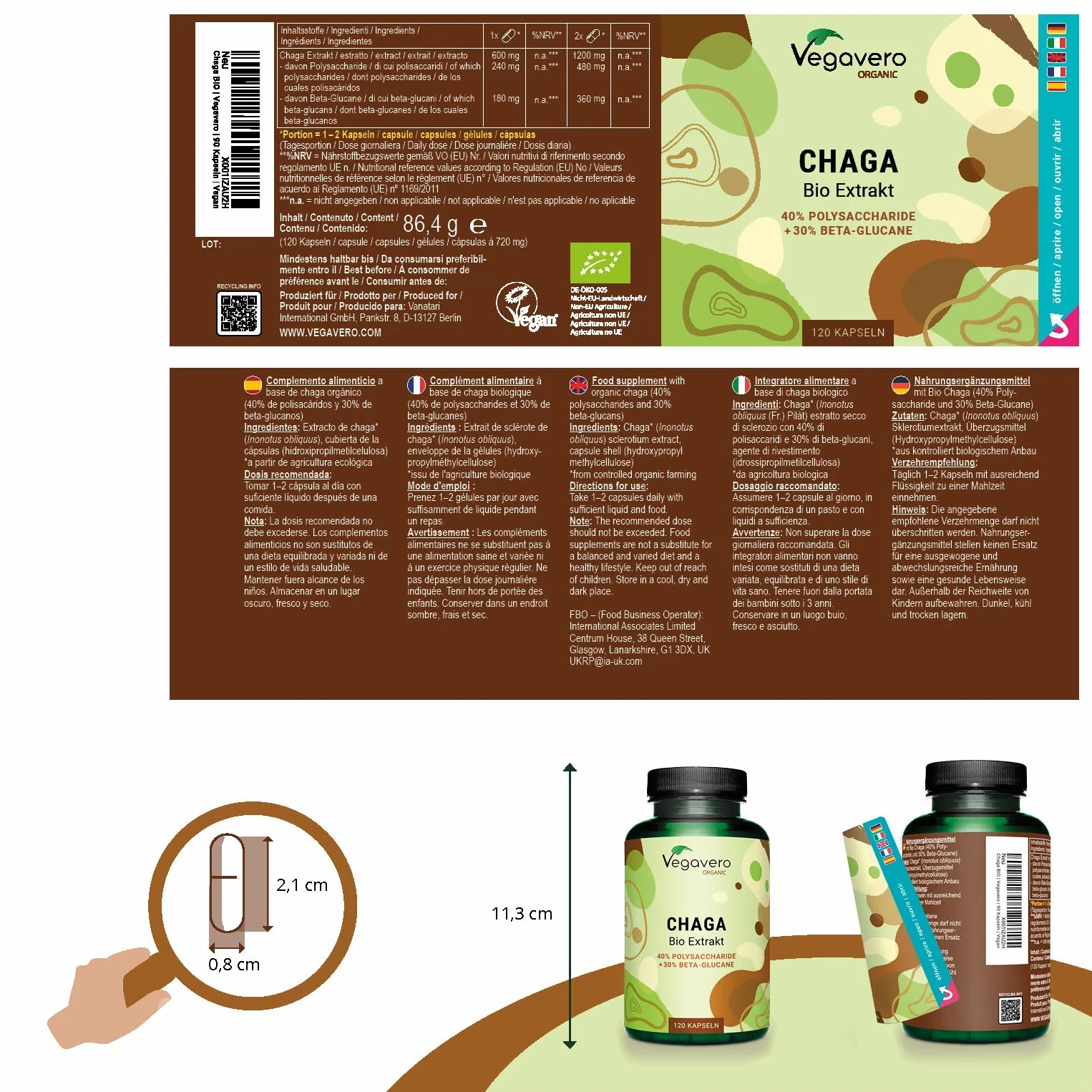 CHAGA BIO Vegavero® | 6000 mg (10:1) | Fungo Inonotus Obliquus | con 40% di Polisaccaridi e 30% di Beta Glucani | 120 capsule | Vegan