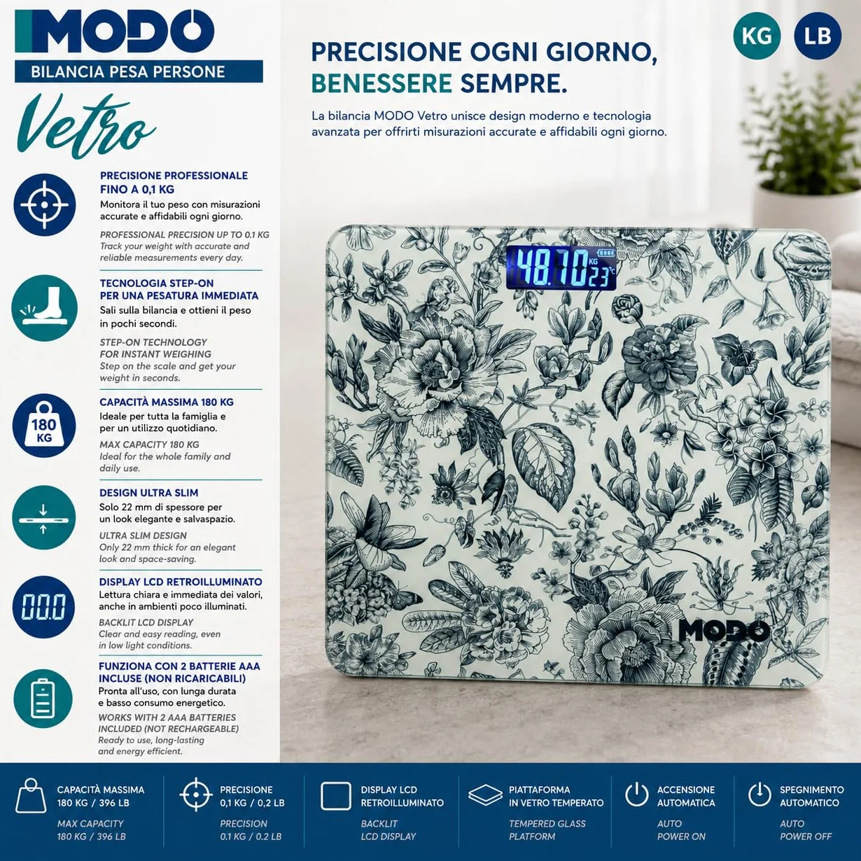 IPEA Bilancia Pesa Persone Digitale Ultra Sottile 180Kg 0,1KG Vetro Temperato