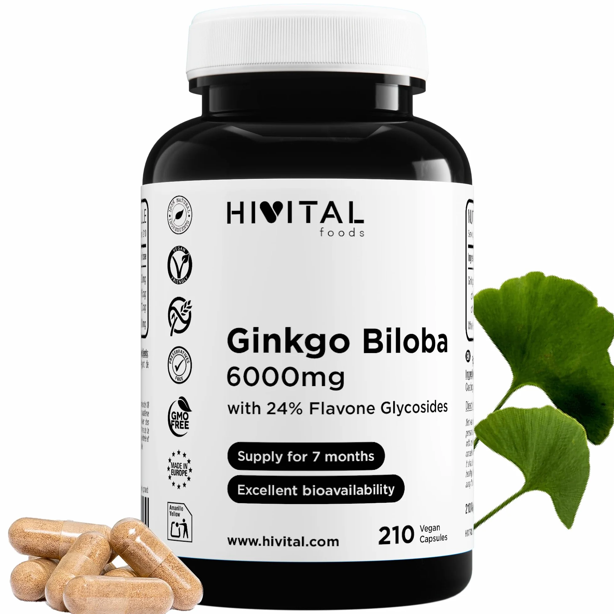 Ginkgo Biloba 6000 mg 210 capsule vegane estratto 50:1 24% flavonoidi 6% terpeni HIVITAL