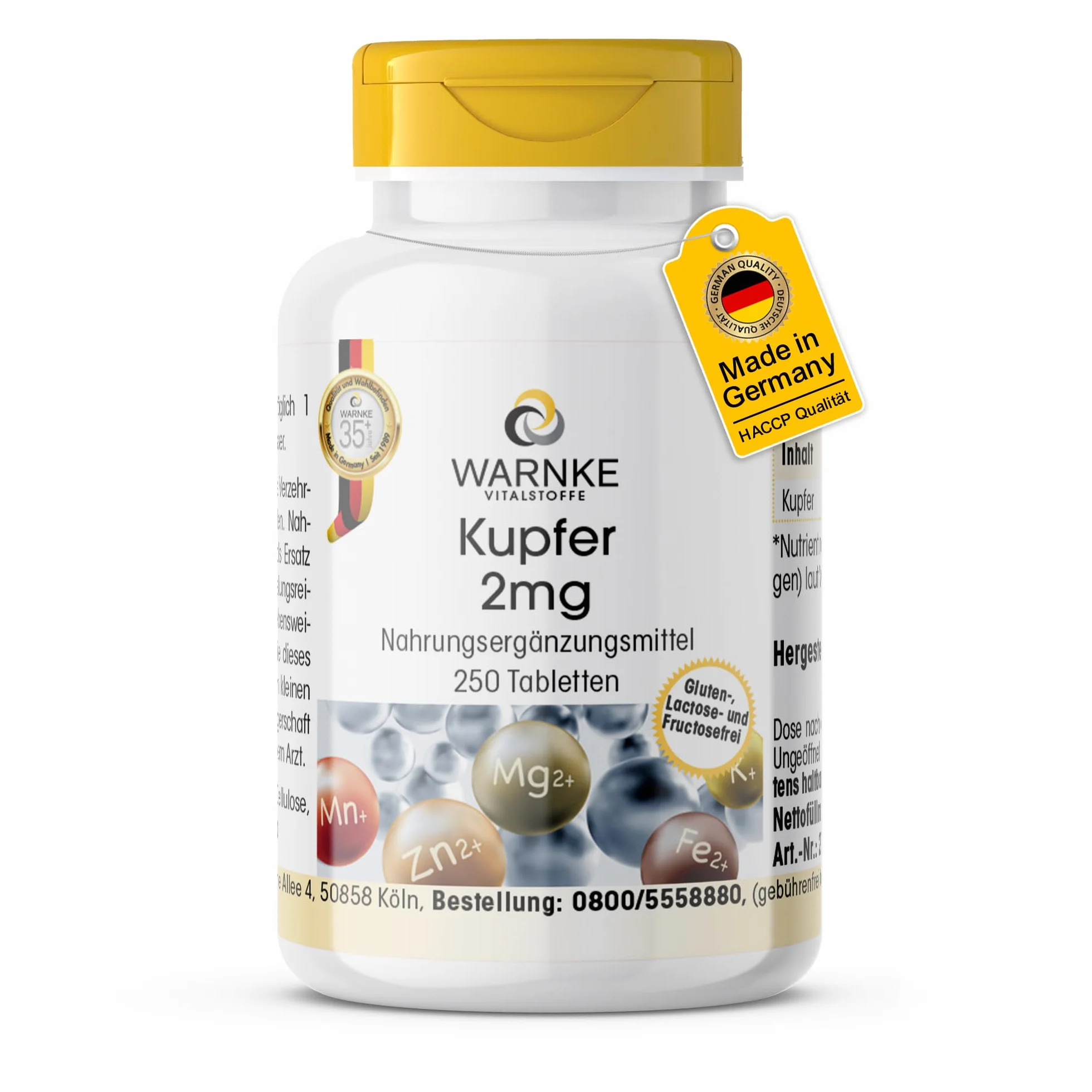 Rame 2mg - 250 compresse, ciascuna contenente 2mg - Bisglicinato di rame - ALTO DOSAGGIO - Qualità farmaceutica tedesca - vegano | Warnke Vitalstoffe