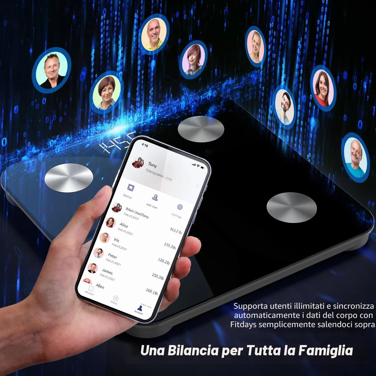 Bilancia Pesapersone Digitale Professionale Impedenziometrica Senza Fili Intelligente per iOS & Android 13 Indici 26x26cm Nero