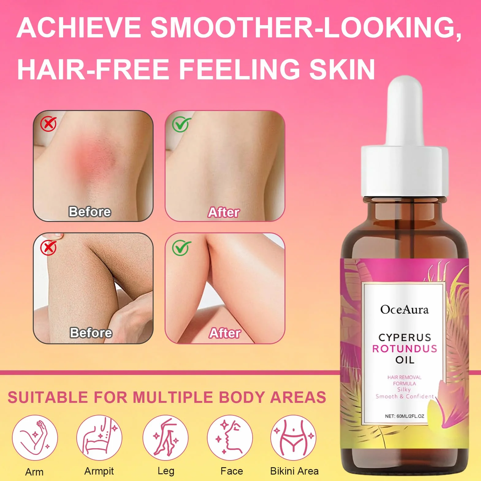 Cyperus Rotundus Oil 60ML Hair Removal, Riduce i pori e inibisce la crescita dei peli, Adatto a tutti i tipi di pelle (Rosa)