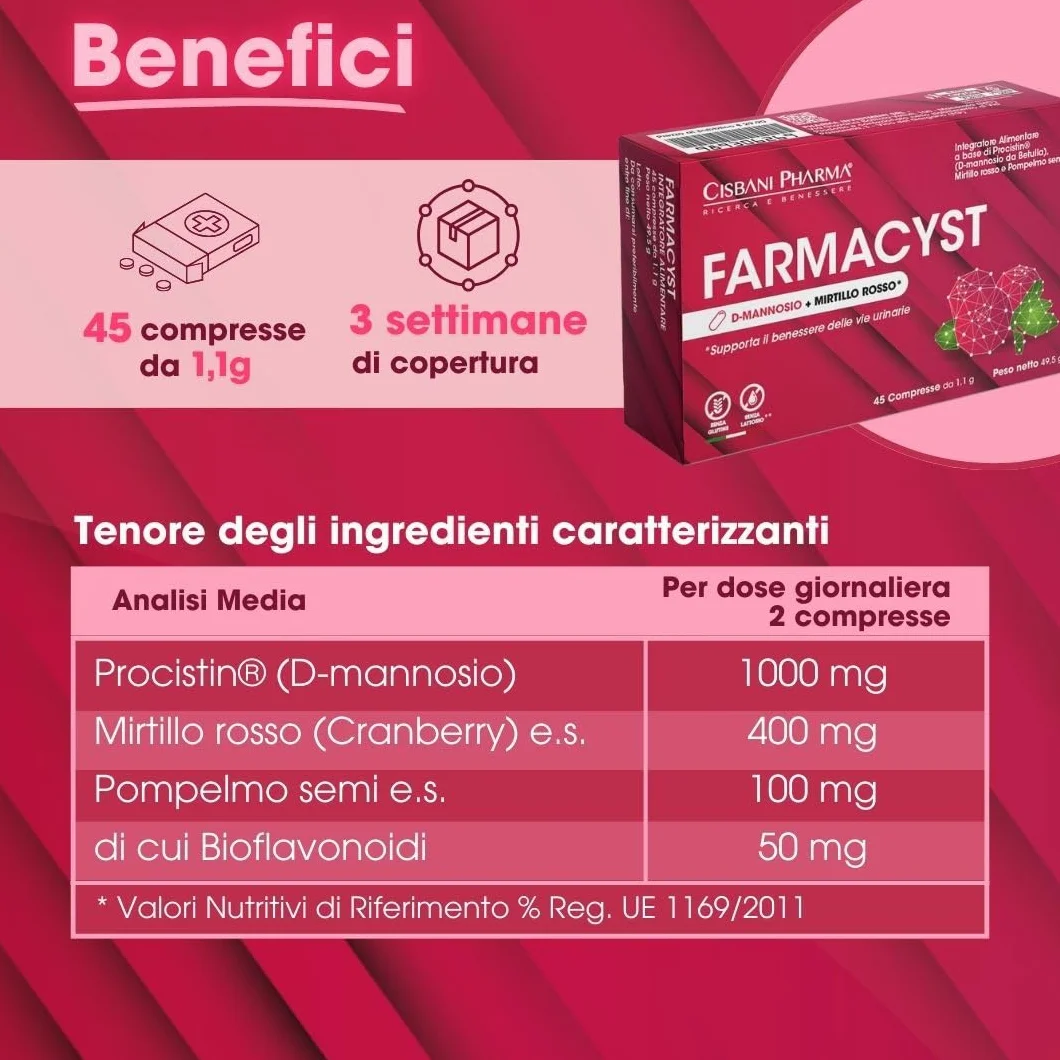 CISBANI PHARMA Farmacyst 45 compresse D-Mannosio, Mirtillo Rosso e Semi di Pompelmo - Integratore per Vie Urinarie