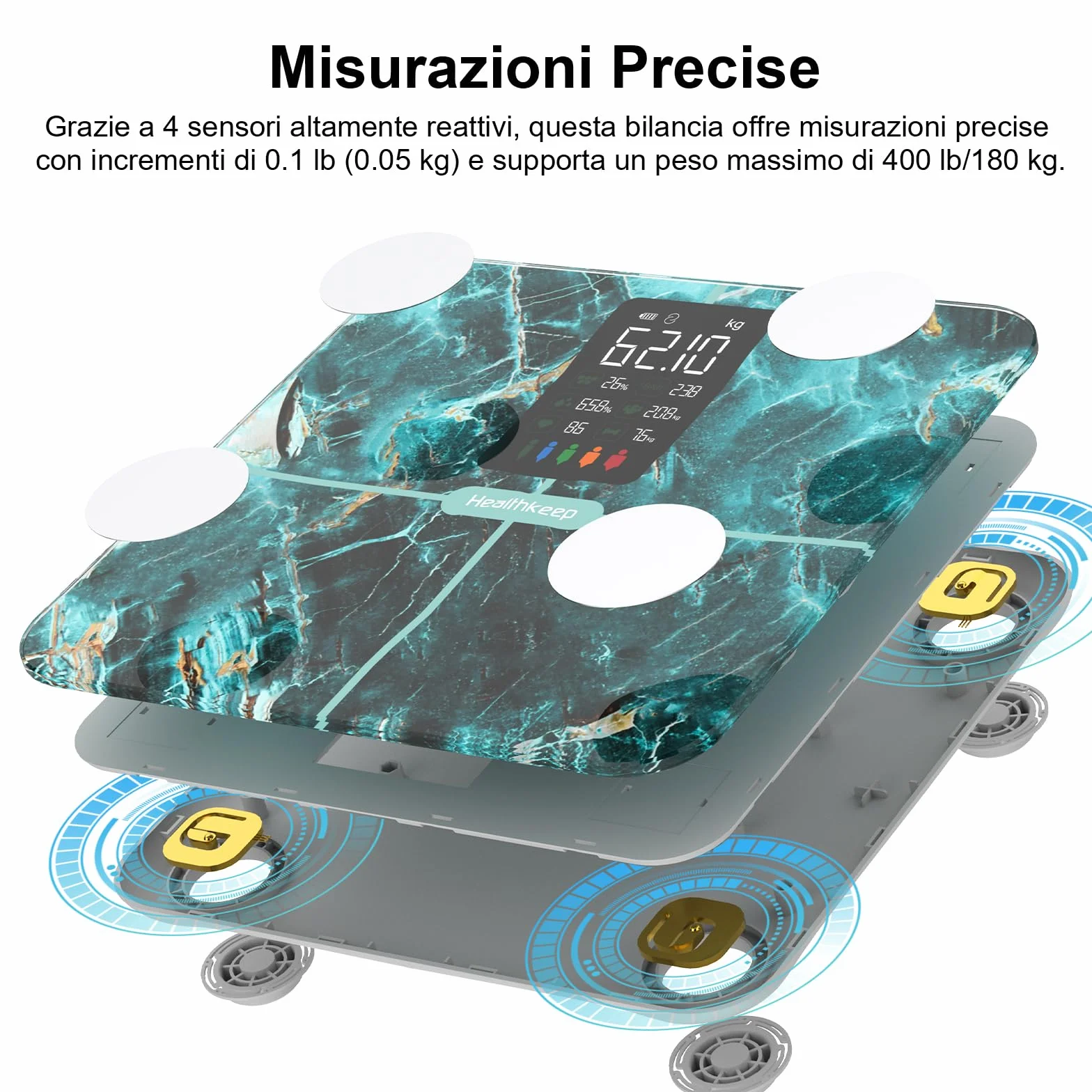 Healthkeep Bilancia Intelligente per Grasso Corporeo e Massa Muscolare, 15 Dati Corpo, APP, Display VA, Verde Iridescente
