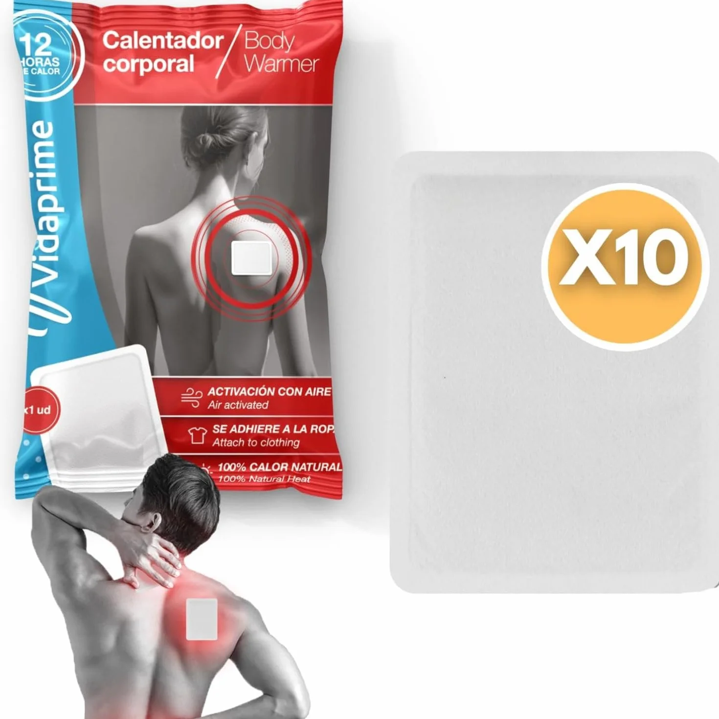 Pack x10 Cerotti Riscaldanti per Schiena, Collo e Spalle - Calore Profondo e Calmante - Adesivi Istantanei per Dolore Lombare - Cerotti Termici per 24 Ore di Sollievo Muscolare