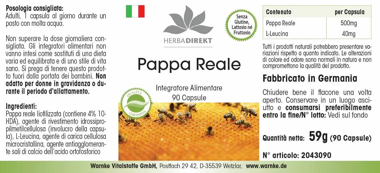 Pappa Reale fresca pura 500mg 4:1 90 Capsule HERBADIREKT Warnke Vitalstoffe
