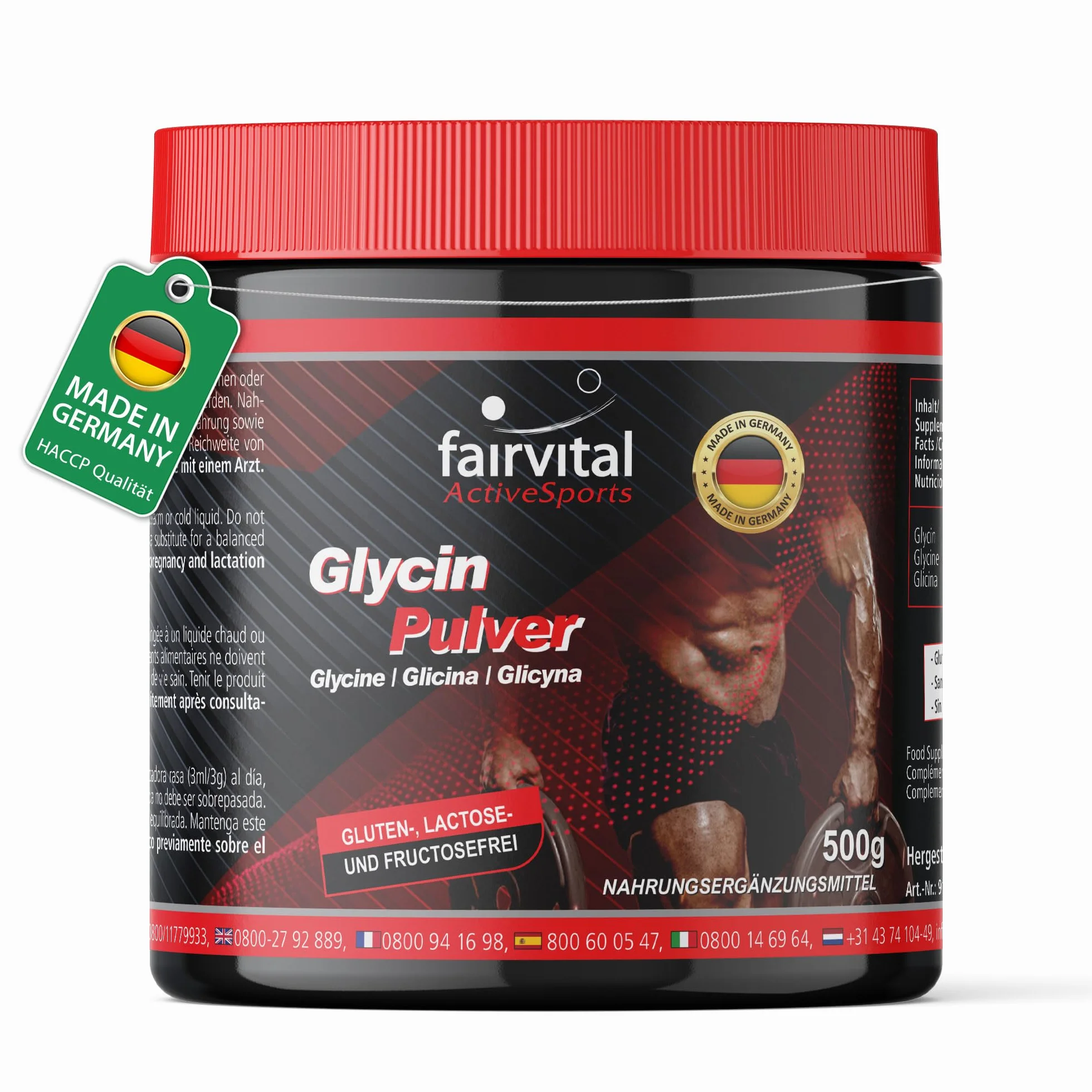 fairvital Glicina in polvere, 500 g, VEGANA, aminoacido, glicina in polvere pura al 100% senza additivi