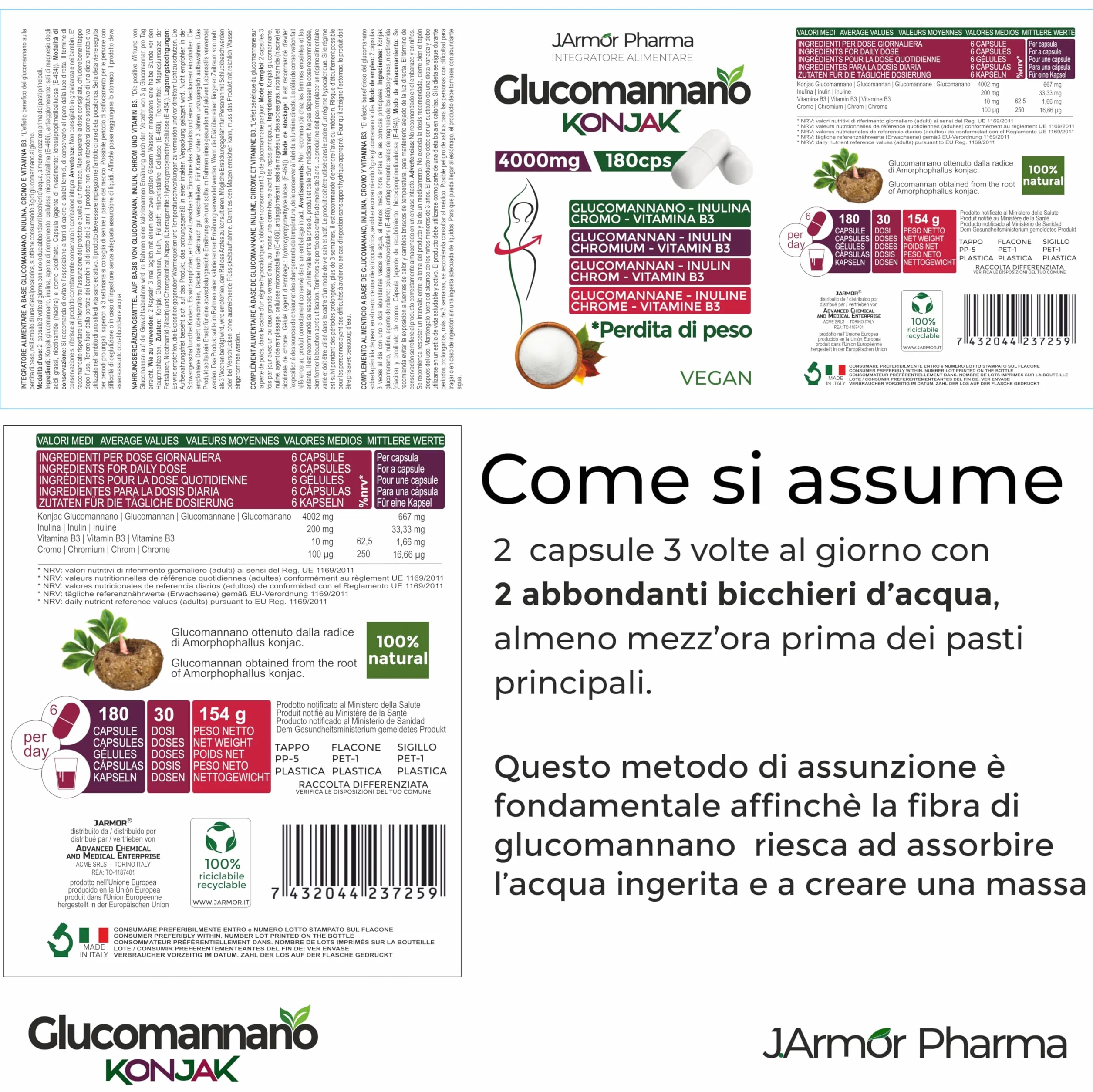 Glucomannano Capsule con Inulina, Cromo e Vitamina B3 – Fibra Alimentare – 180 Capsule Vegane – J.Armor Pharma