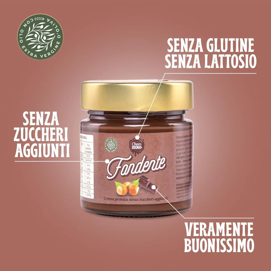 Choco Zero – Crema Proteica Crema Spalmabile Senza Zuccheri Aggiunti, Senza Glutine, Senza Lattosio, Vegano Vasetto da 200 g (3 Pezzi, Cioccolato Fondente)