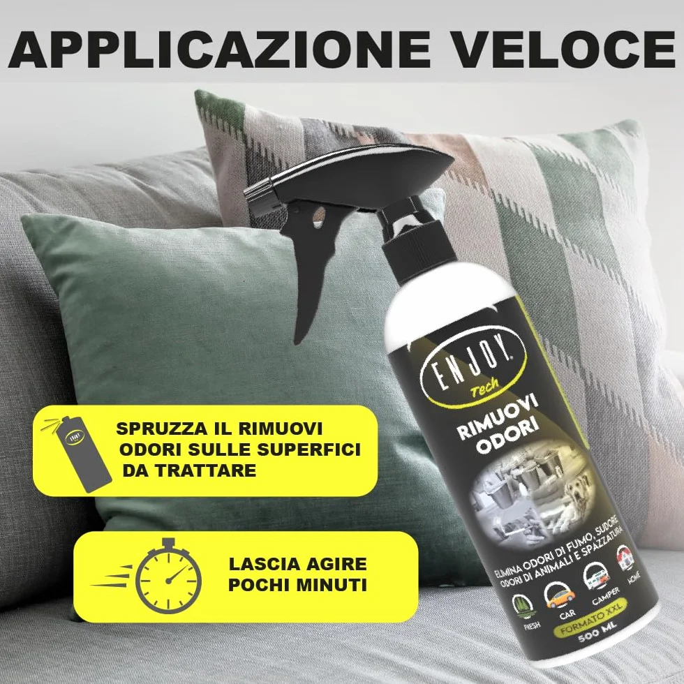 ENJOY TECH Rimuovi Odori Spray 500 ml – Neutralizza Odori di Fumo, Animali, Cibo e Sudore – Made in Italy