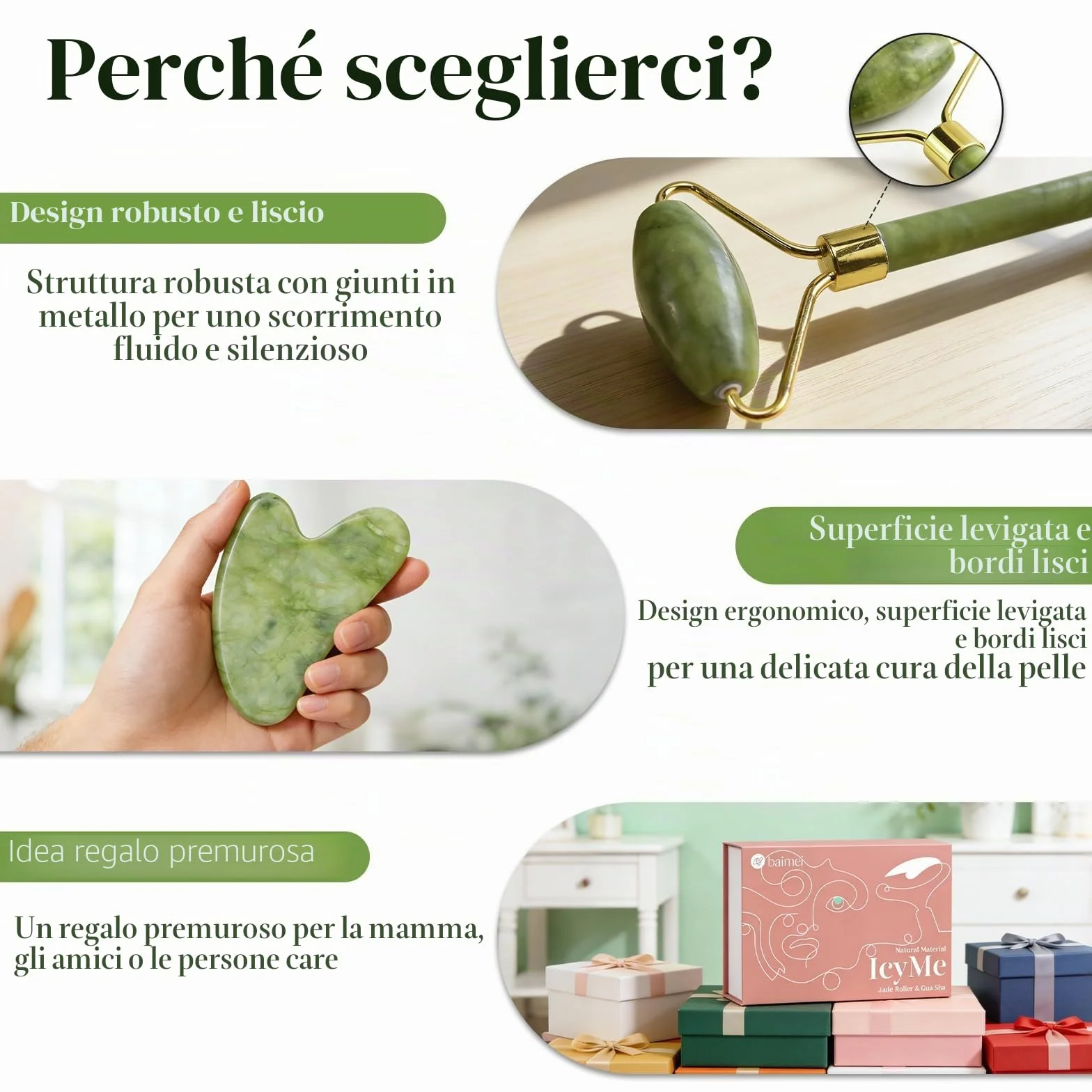 BAIMEI Gua Sha e Rullo di Giada per il Viso, Massaggiatore Lifting Viso e Guasha per il Corpo