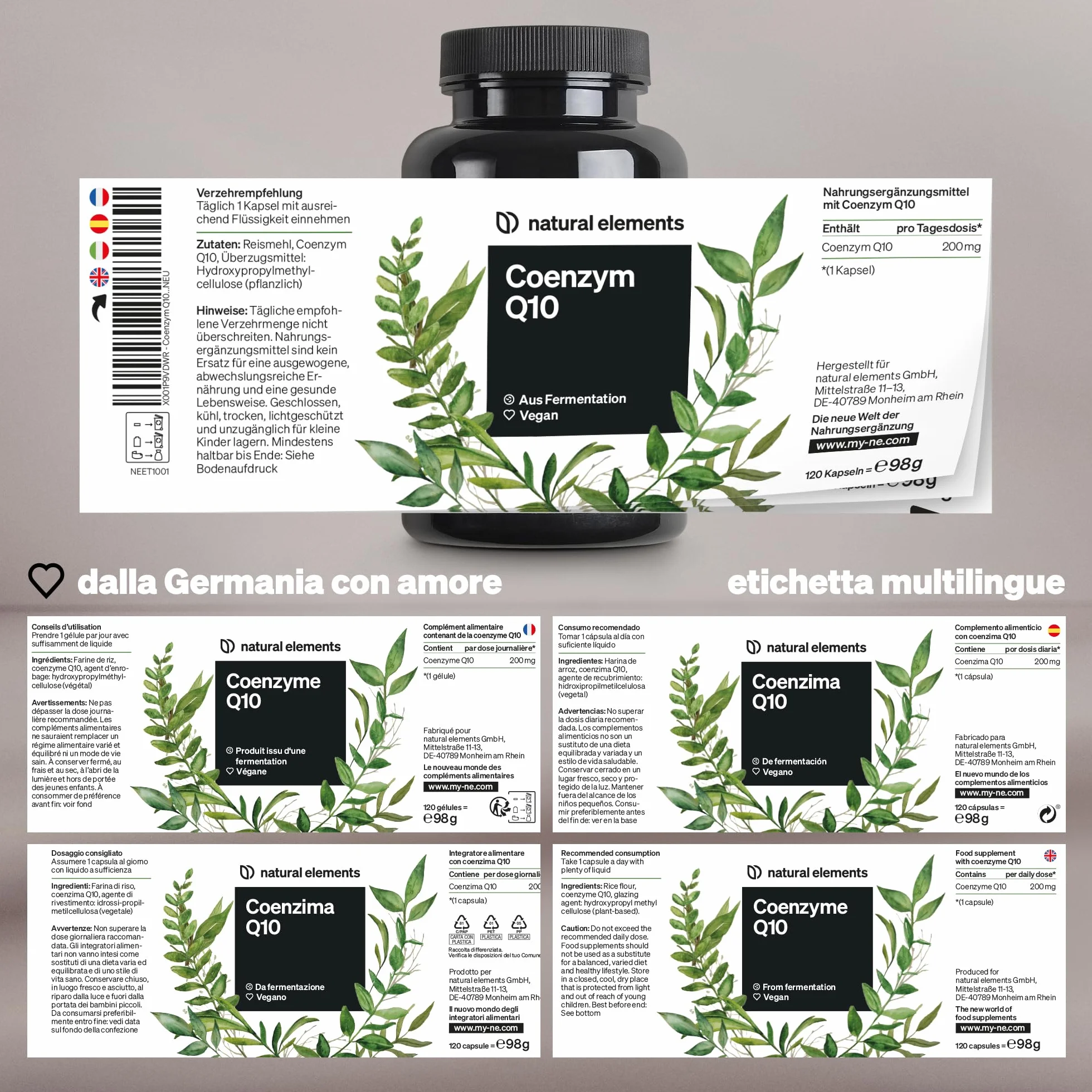 Coenzima Q10 puro 200mg – 120 capsule vegane – 4 mesi di durata – COQ10 di alta qualità dalla fermentazione del mais – Integratore Coenzima – alto dosaggio, testato in laboratorio