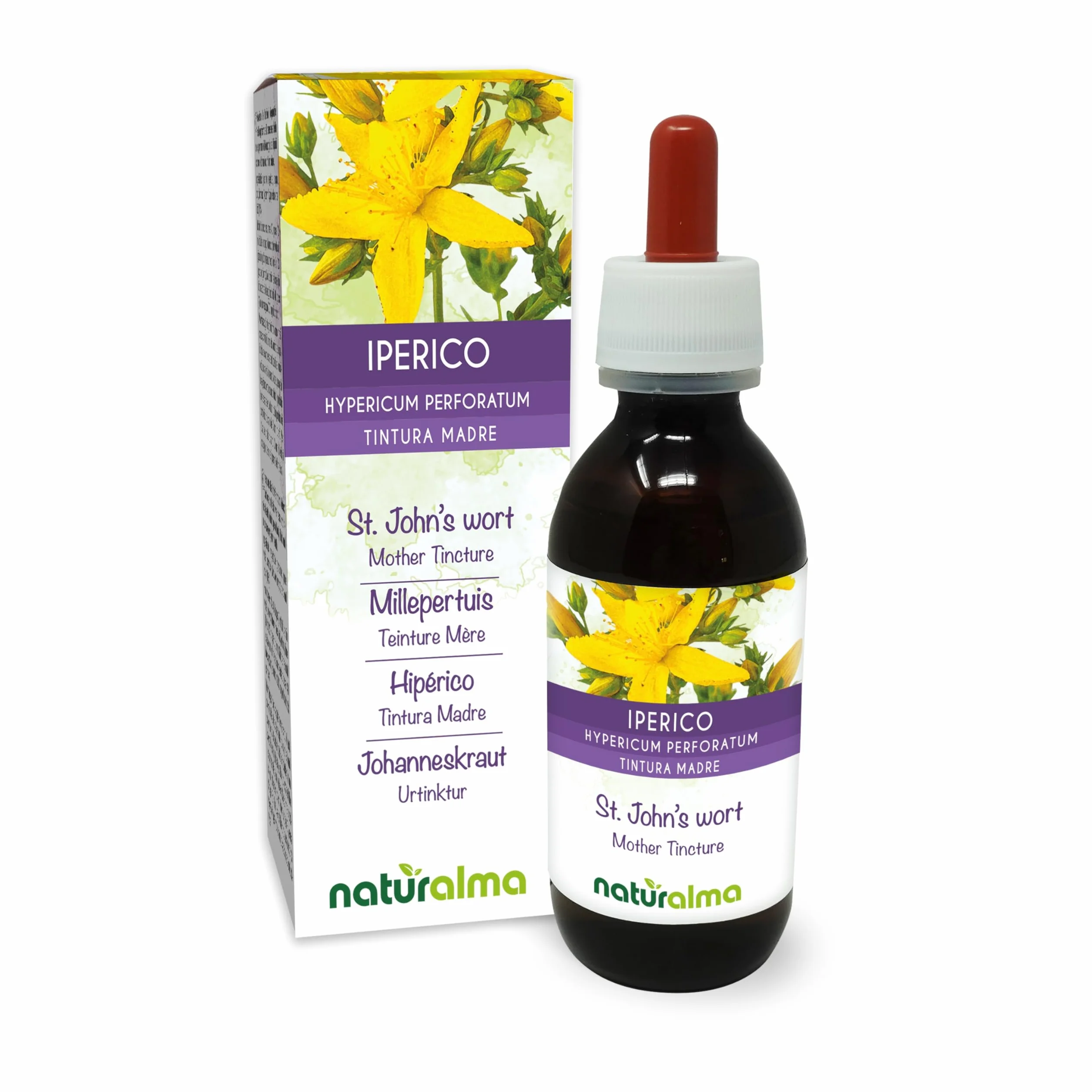 Iperico o erba di San Giovanni (Hypericum perforatum) erba con fiori Tintura Madre analcoolica Naturalma - Estratto liquido gocce 120 ml - Integratore alimentare - Vegano