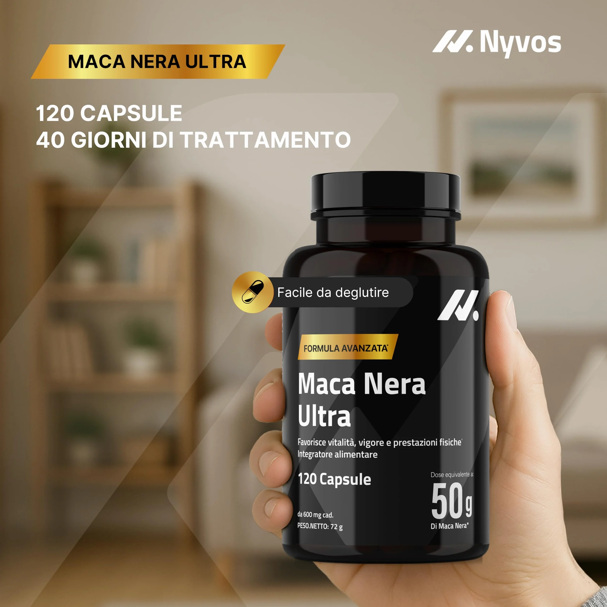 Maca Nera Extra Forte 50.000 mg 100:1 – Integratore per Uomo con Maca Peruviana, Zinco e Vitamina B6 – Energia e Vitalità – Testosterone Support – 120 Capsule – Nyvos