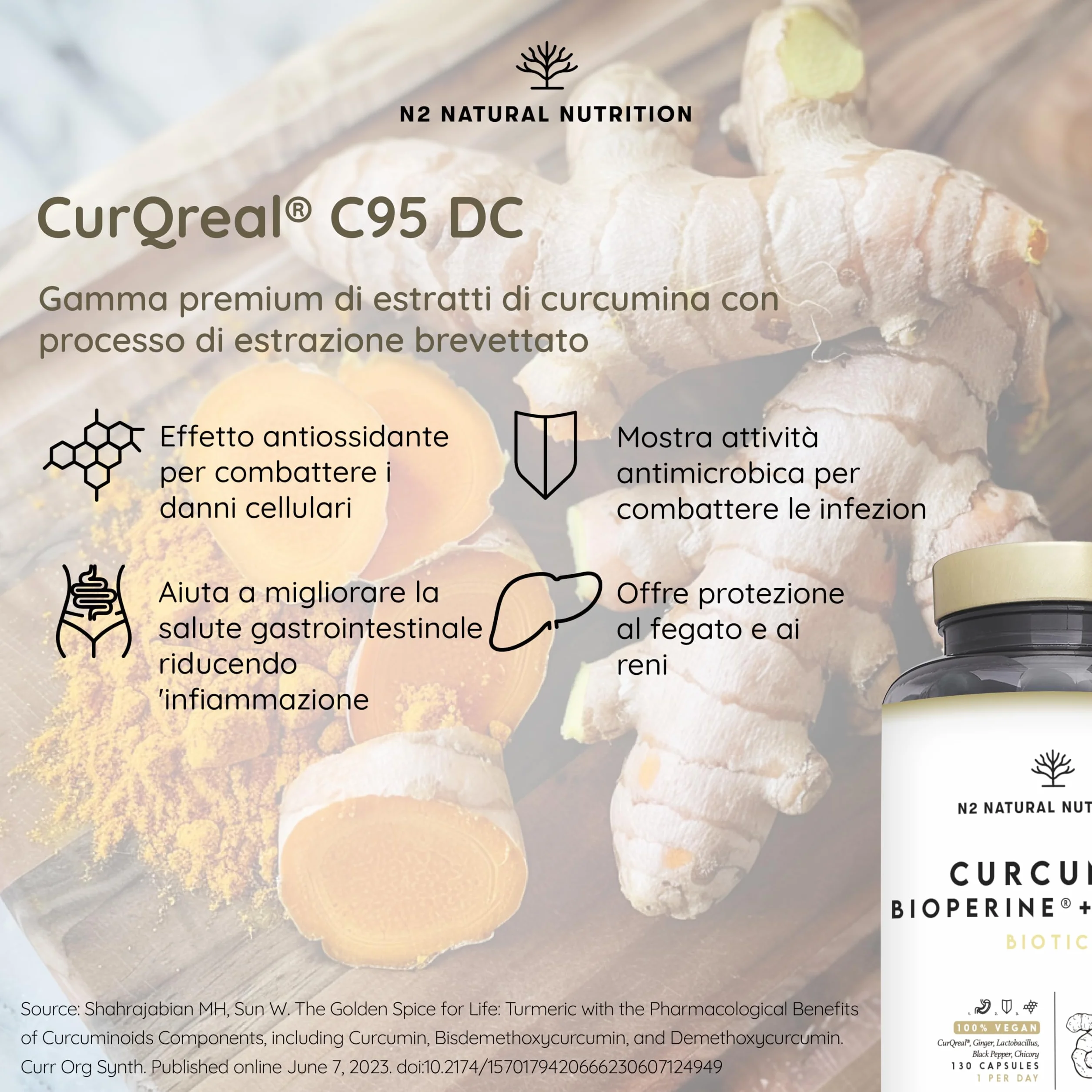 N2 Natural Nutrition Curcuma con Piperina 10000 mg Probiotici Zenzero 4 Mesi Antinfiammatorio Antiossidante