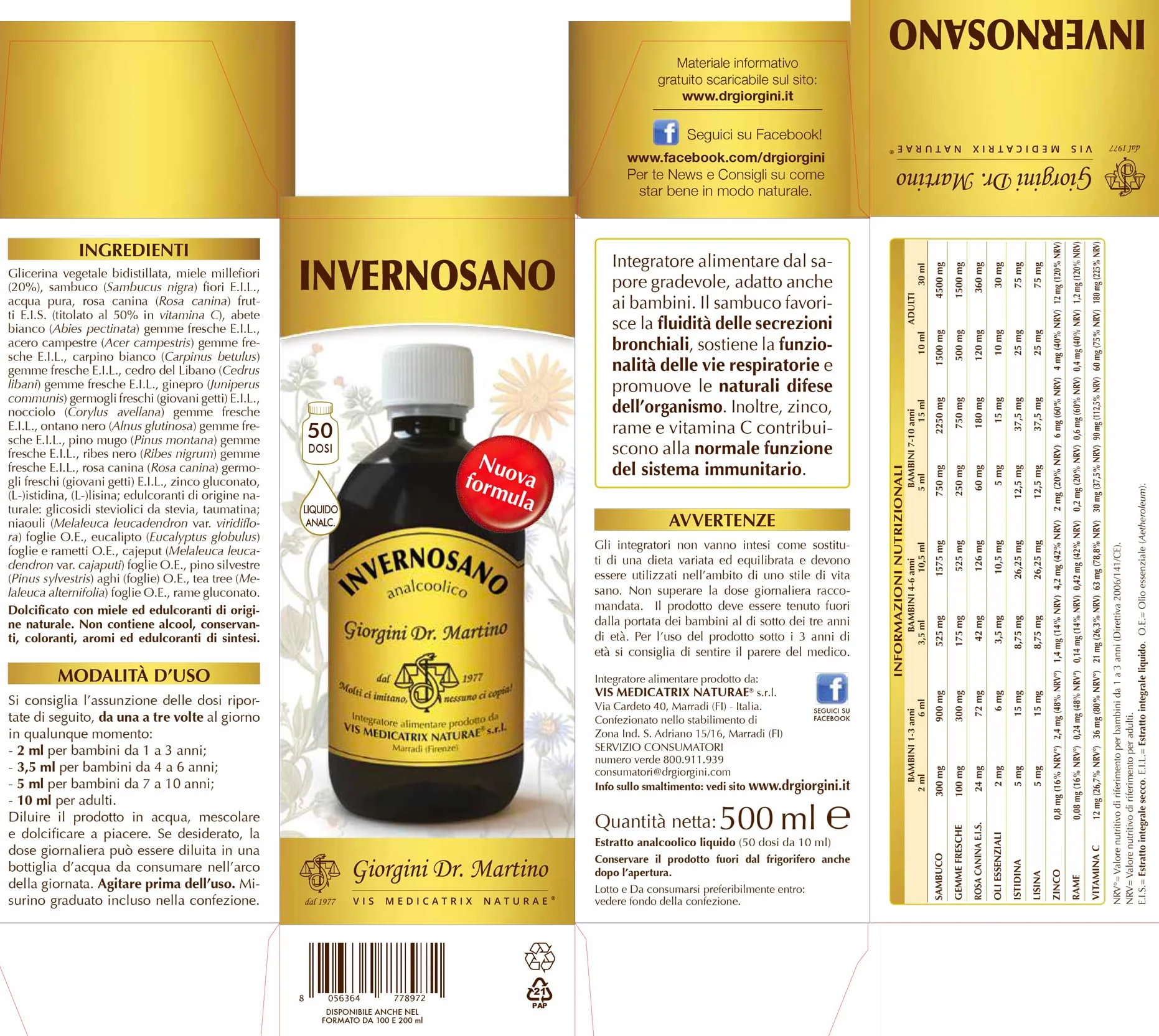 Dr Giorgini INVERNOSANO Liquido Analcoolico - 500 ml -(Integratore Alimentare con Estratto di Sambuco, Zinco, Rame e Vitamina C)