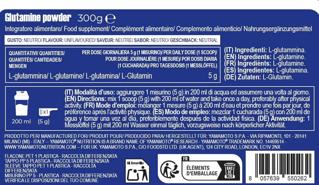 YAMAMOTO NUTRITION Glutamine POWDER 300 gr, Integratore a Base di L-Glutammina in Polvere, Amminoacidi per Sportivi, Non Aromatizzato