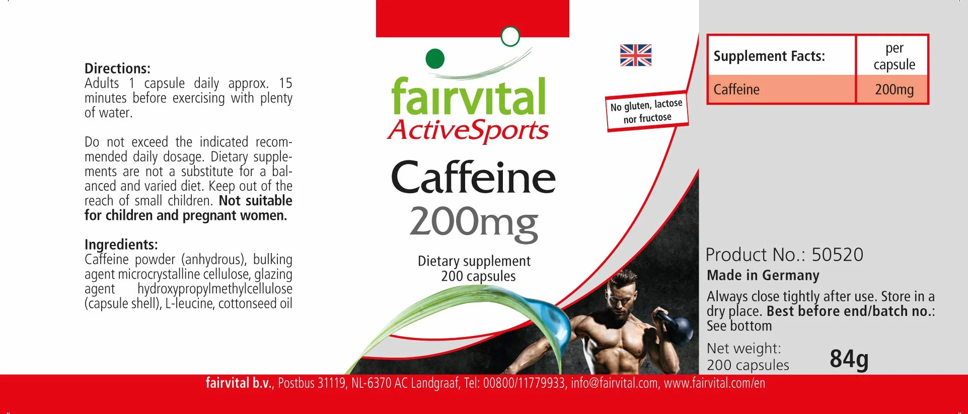 Fairvital Capsule di caffeina 200 mg, 200 capsule vegane ad alto dosaggio