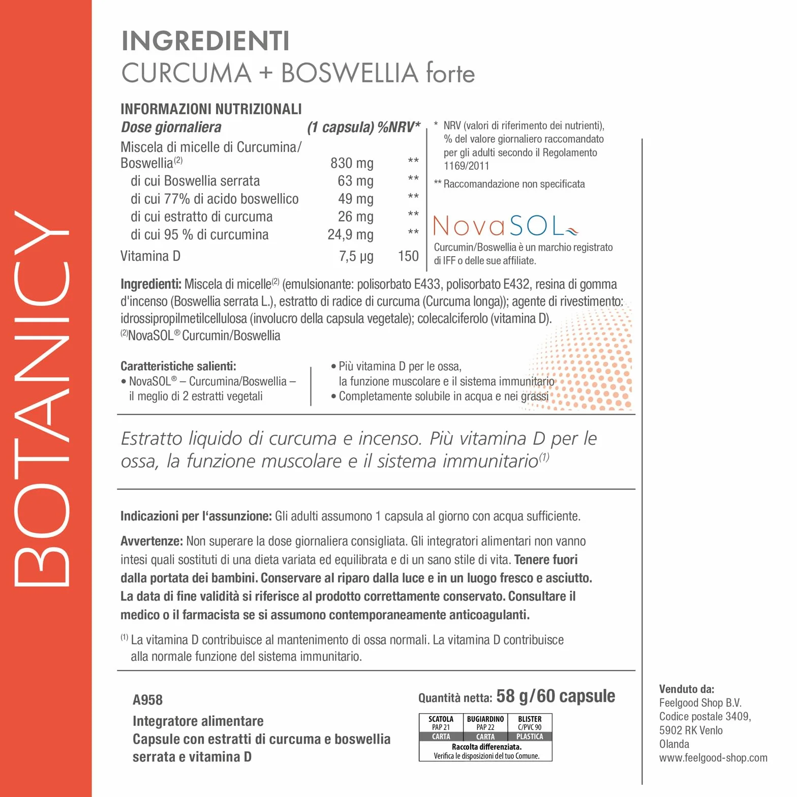 Botanicy CURCUMA + BOSWELLIA forte 60 capsule curcuma e incenso NovaSOL vitamina D3 ossa muscoli alta biodisponibilità alto dosaggio