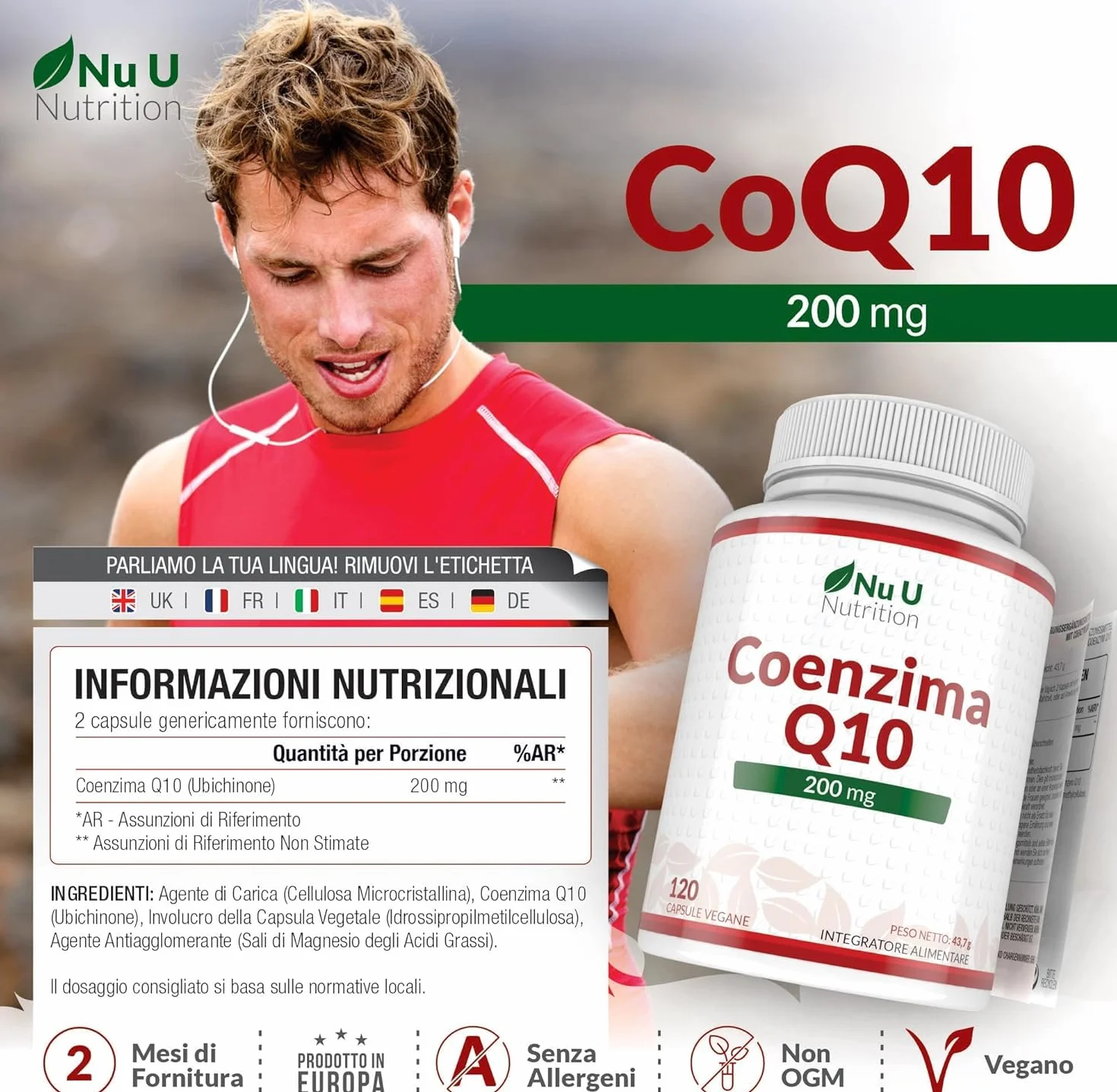 Coenzima Q10 200mg - 120 Capsule Vegane - 2 Mesi di Durata - 100mg di CoQ10 per Capsula - 100% Ubiquinone Puro Fermentato Naturalmente - Prodotto in Europa - Nu U Nutrition