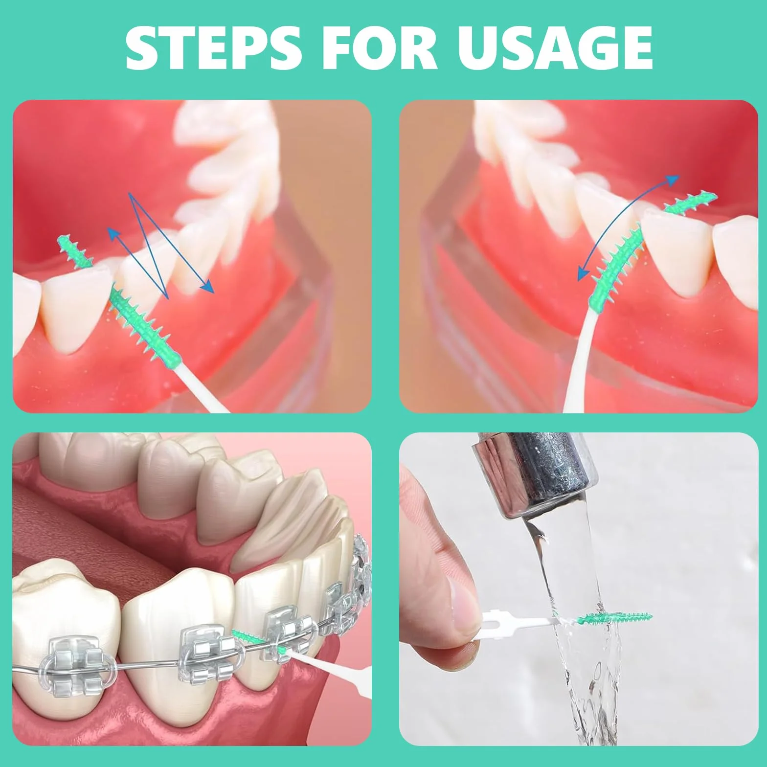 Scovolini dentali in silicone 200 pezzi, spazzolino interdentale per pulizia denti, verde