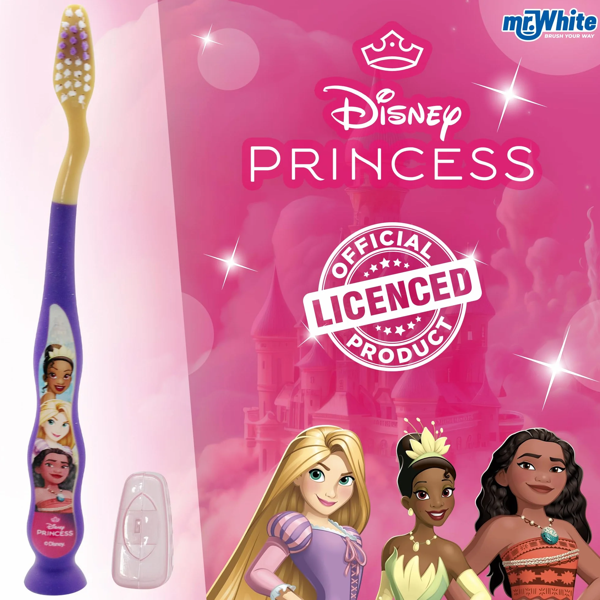 Spazzolino da denti Princess con tappo di protezione, ventosa, manico comodo e setole morbide per bambini