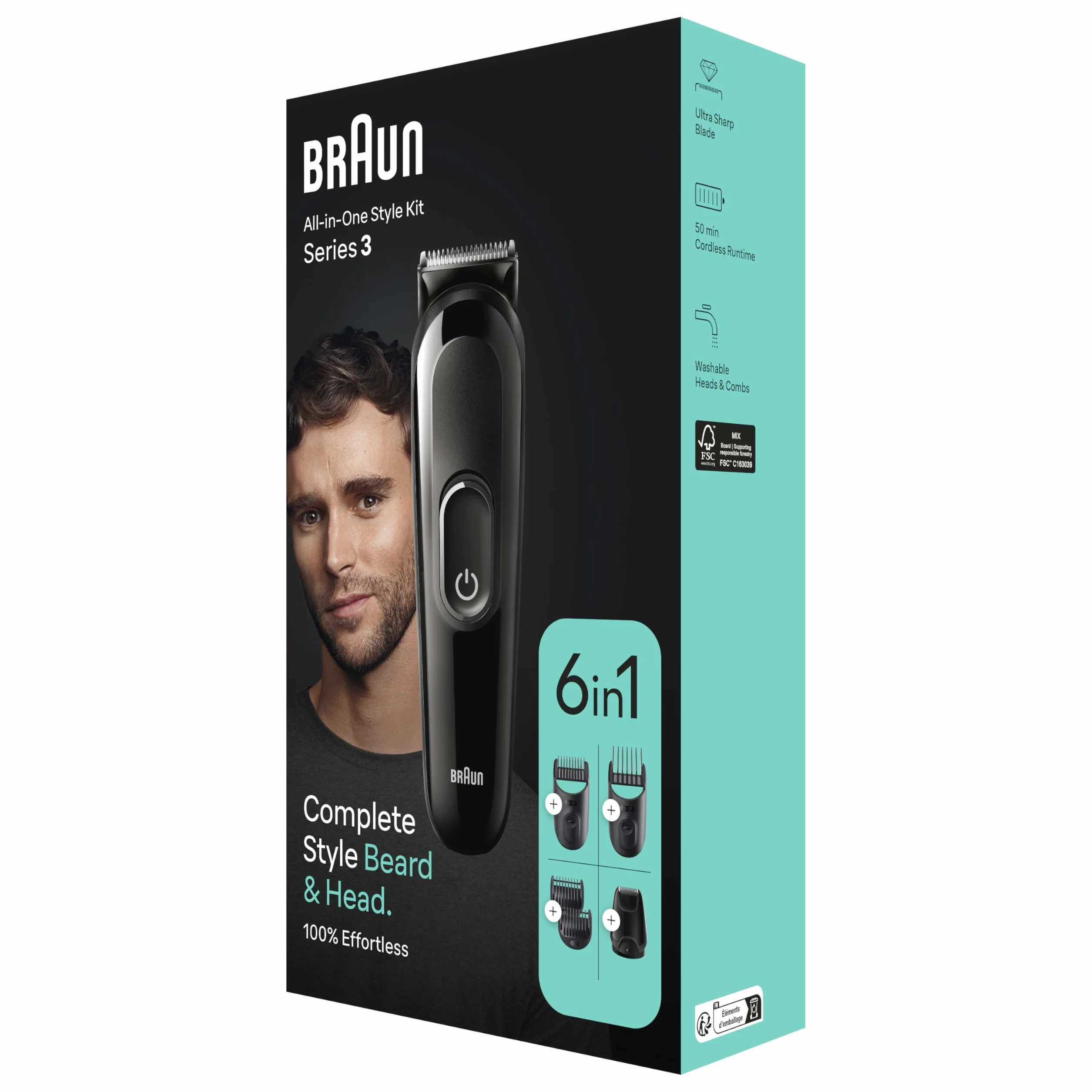 Braun REGOLABARBA Tagliacapelli Uomo, Rasoio Elettrico Barba e Capelli, 6-In-1 Styling Kit Ideale per Barba, Capelli, 50 Minuti Di Utilizzo Senza Fili, MGK3410