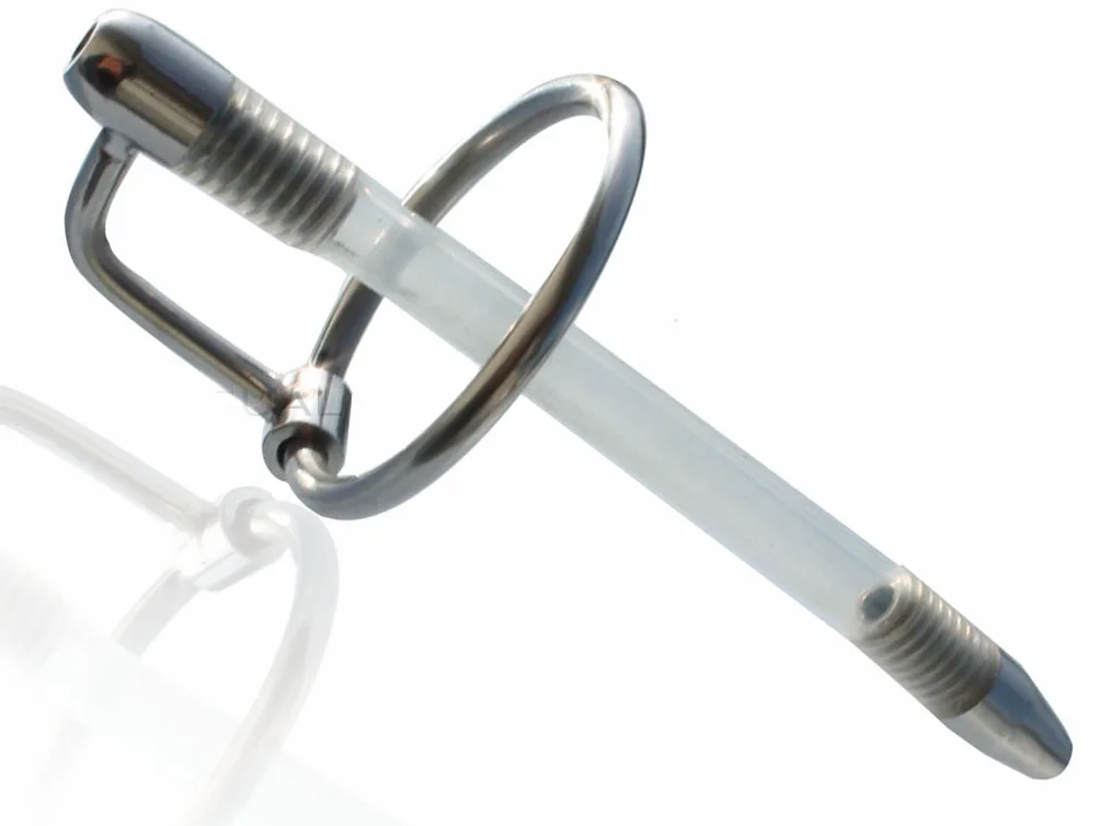 Sonda Uretrale Maschile in Acciaio Inox e Silicone 12 cm Ø0,6-0,75 cm con 2 Anelli Ø2,5-3,1 cm per BDSM