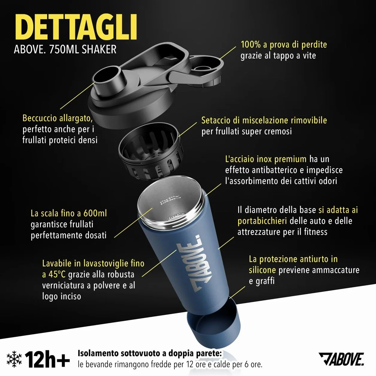 ABOVE. Shaker Proteine Acciaio Inox 750ml – Senza BPA e Termico: Bevande Fredde per 12H – Scala Incisa & Tappo 100% Antigoccia – Robusto e Durevole – Lavabile in Lavastoviglie fino a 45°C (Blu)