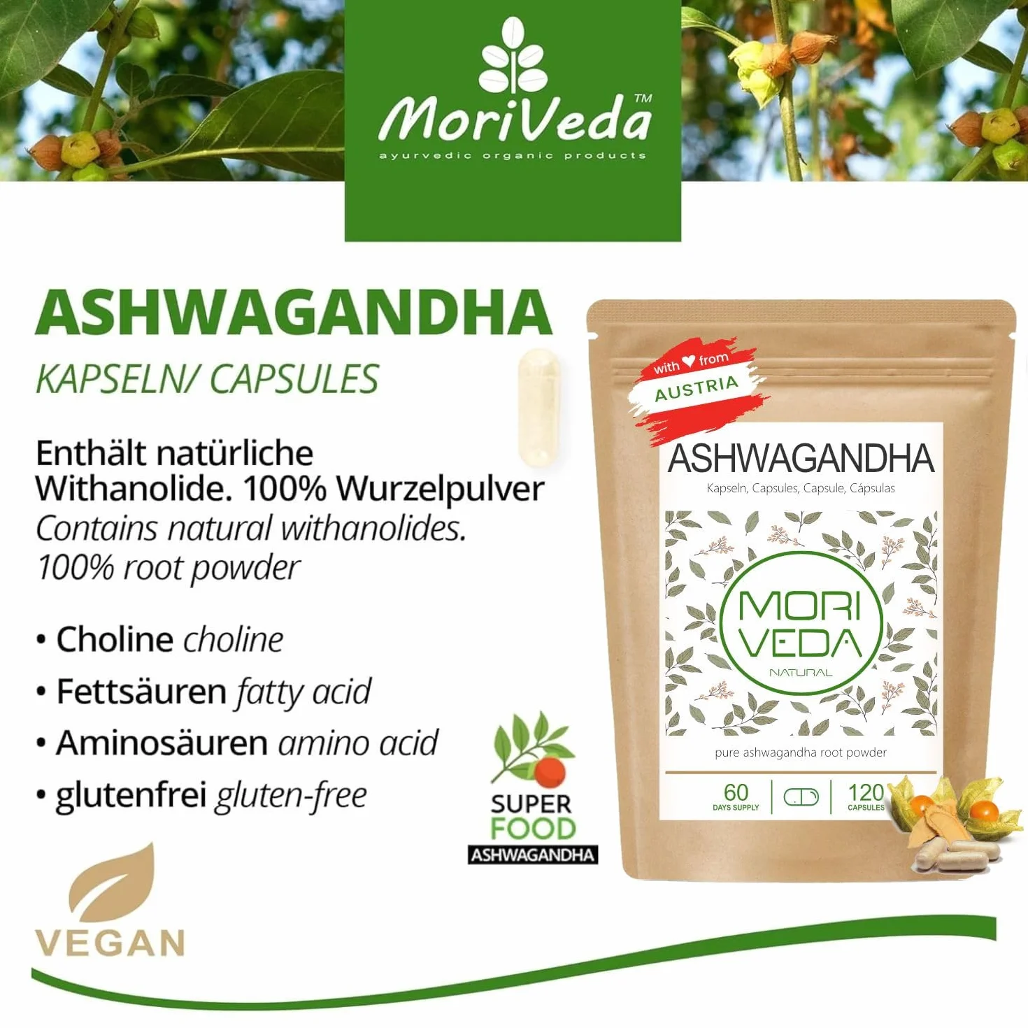 Ashwagandha capsule 1200mg - 100% polvere di radice - 60 giorni di fornitura - l'equilibrio, la qualità della vita e la pace interiore - dall'India - vegan e senza glutine - da MoriVeda - 120 pezzi